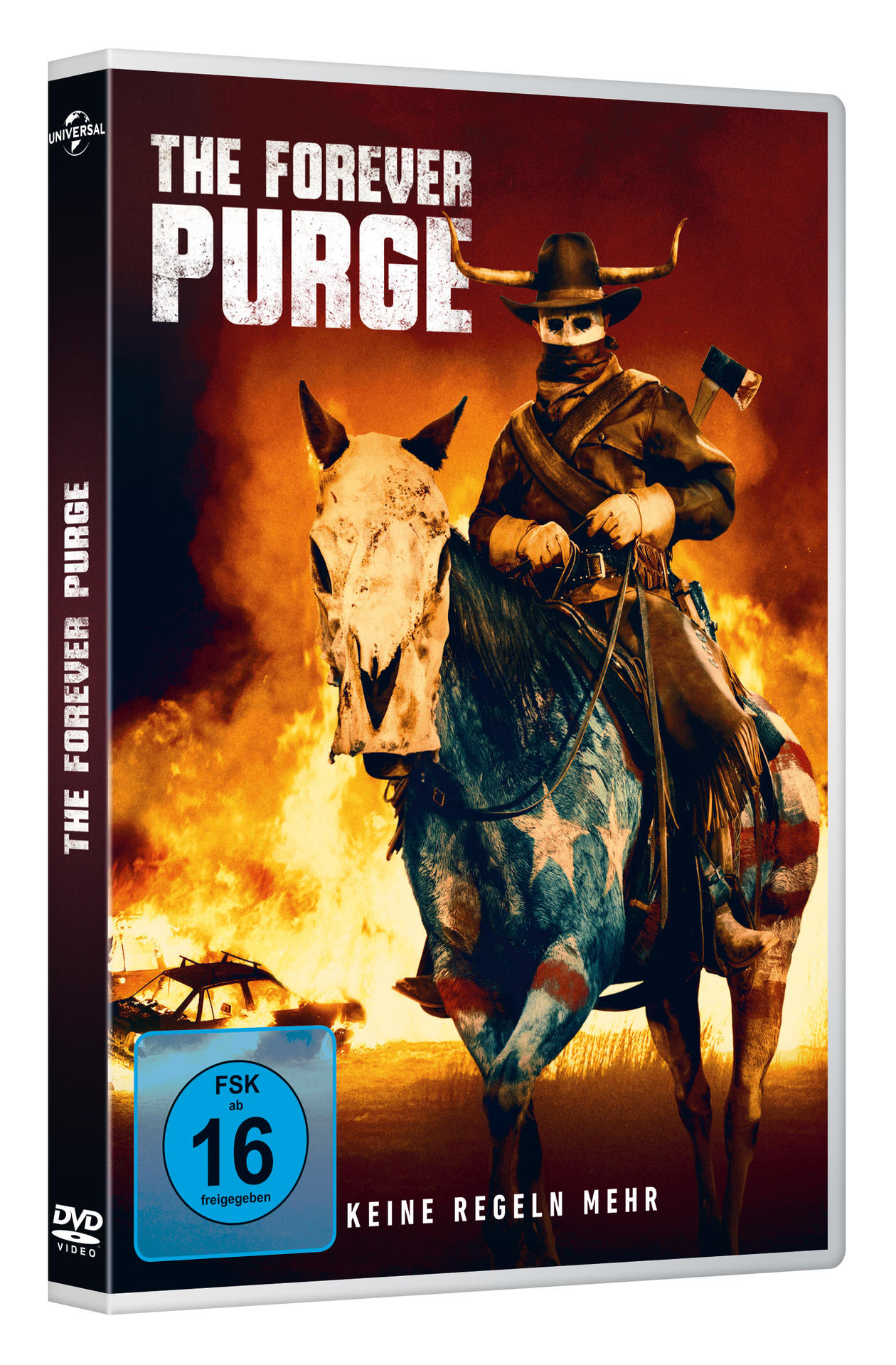 DVD-Cover mit einem schädelgesichtigen Cowboy auf einem Pferd in Flammen.