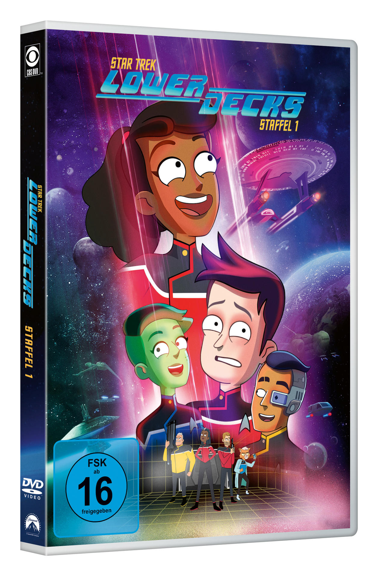 Eine DVD-Hülle mit einem Cartoon-Bild von Star Trek-Charakteren.