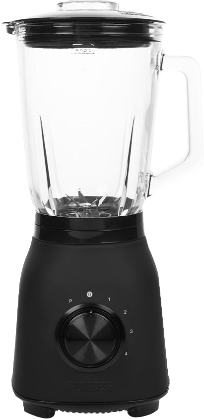 Een zwarte blender met een glazen pot. Hij staat op een zwarte basis met instellingen 0-4.