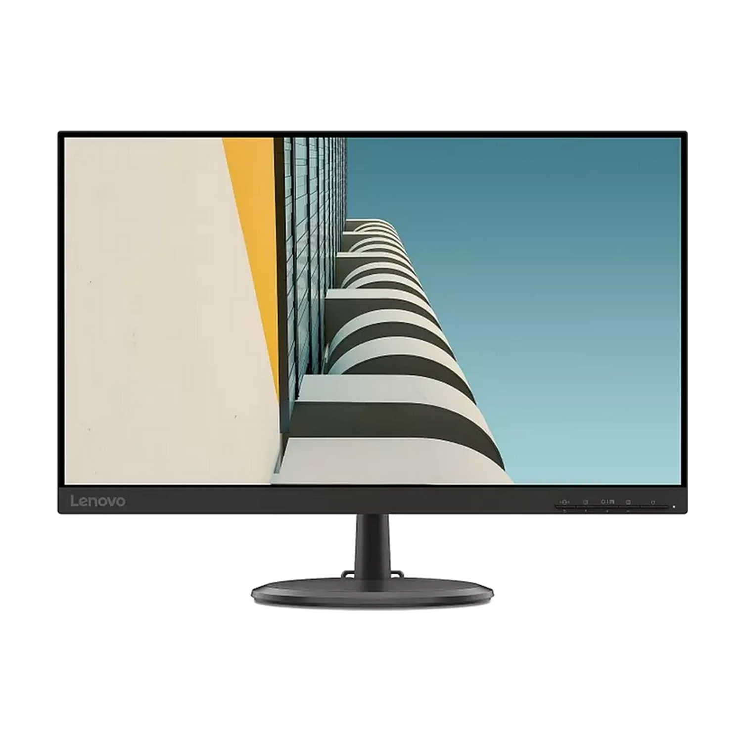 Monitor de ordenador Lenovo, soporte negro, fondo de edificio.