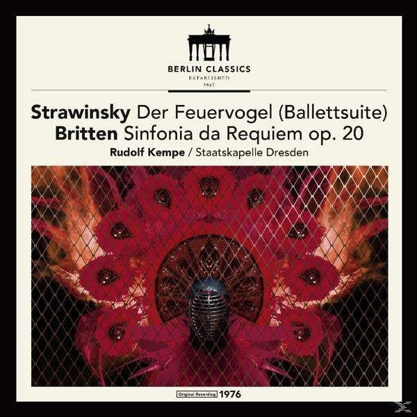 Albumcover. Rotes florales Design. Text: 'Strawinsky Der Feuervogel' und 'Britten Sinfonia da Requiem'.