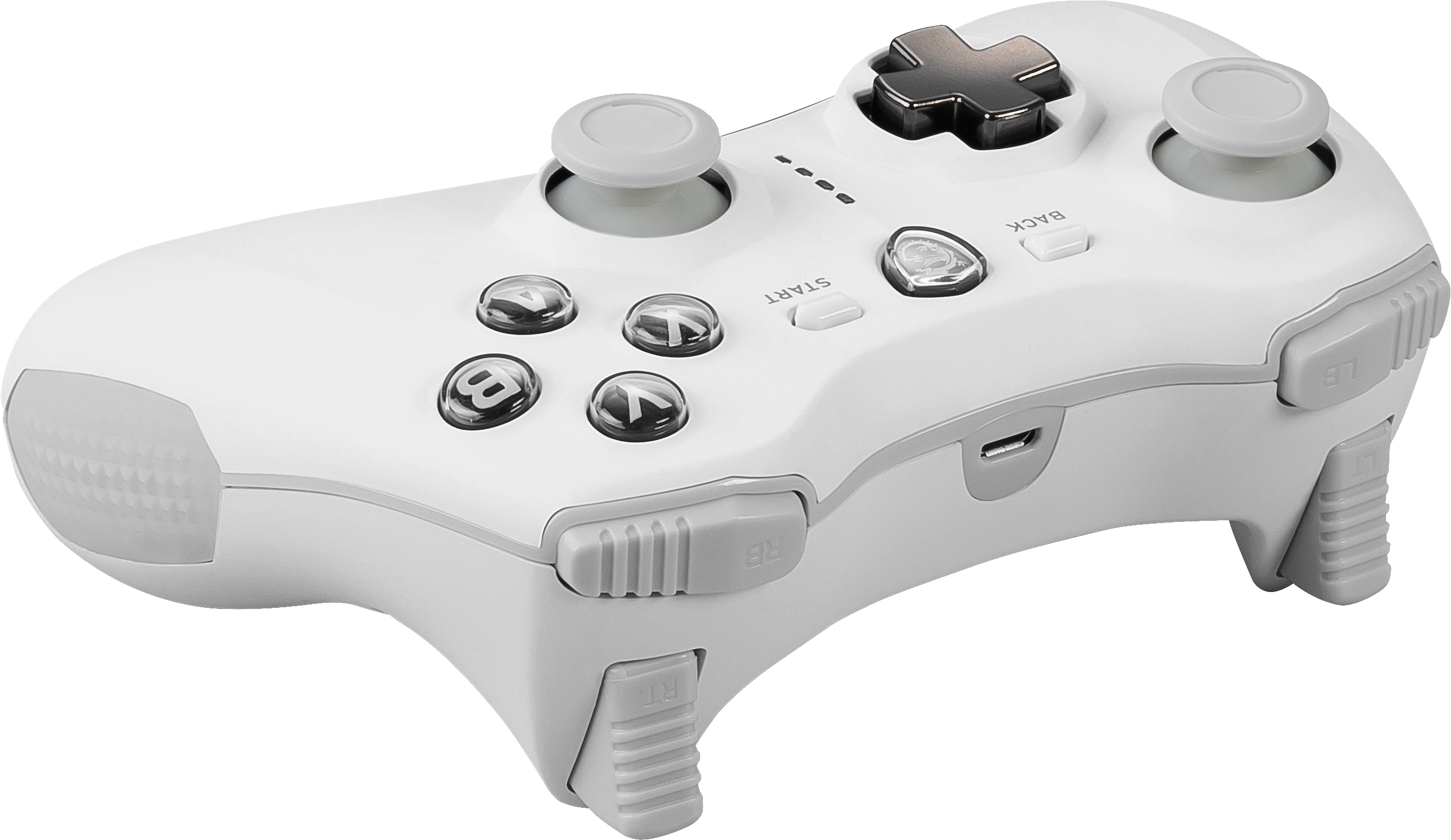 Weißer Gamepad-Controller mit grauen Knöpfen und Steuerkreuz. RB- und LB-Tasten.