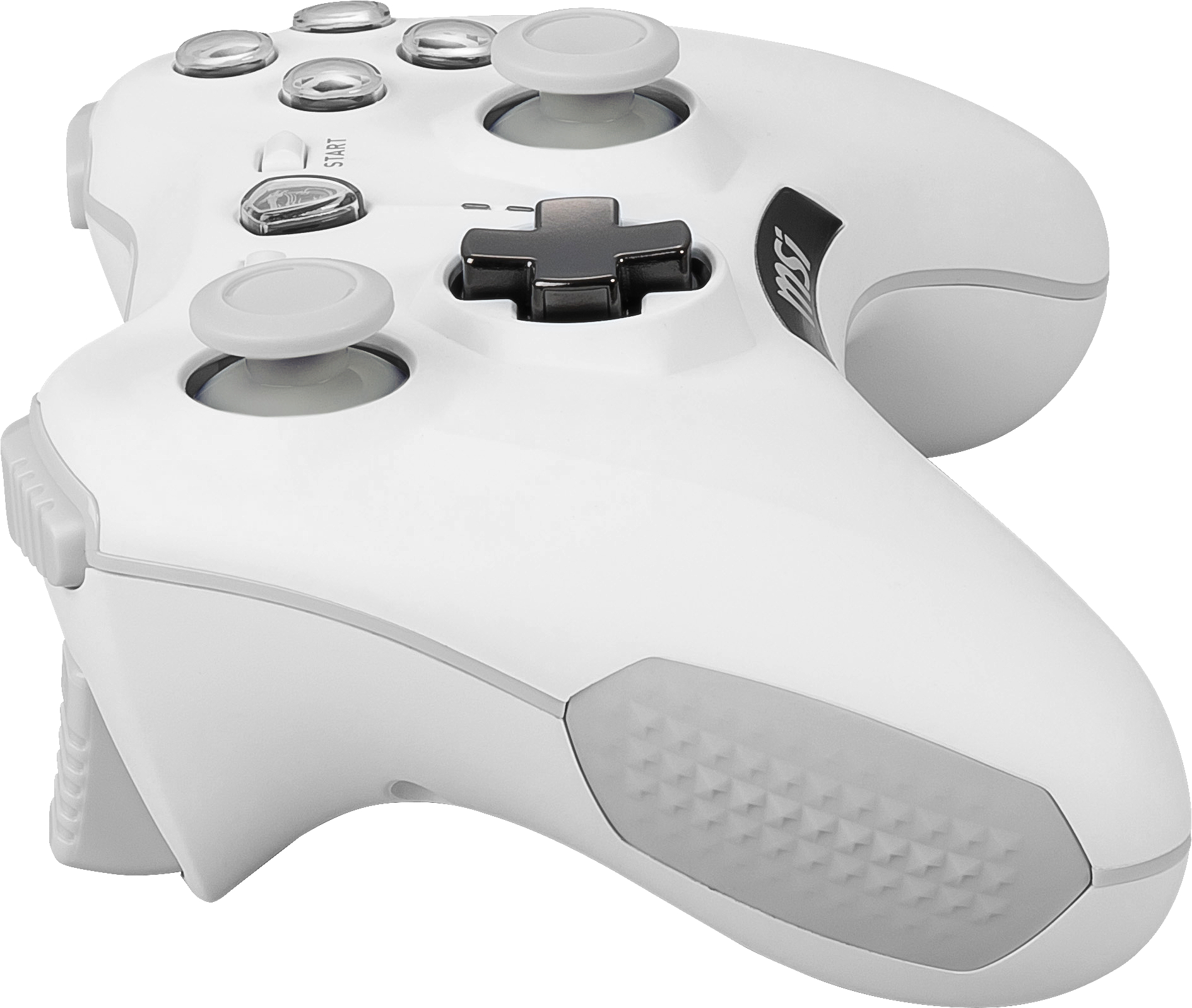 Weiß-grauer Gamecontroller mit Knöpfen und Joystick.