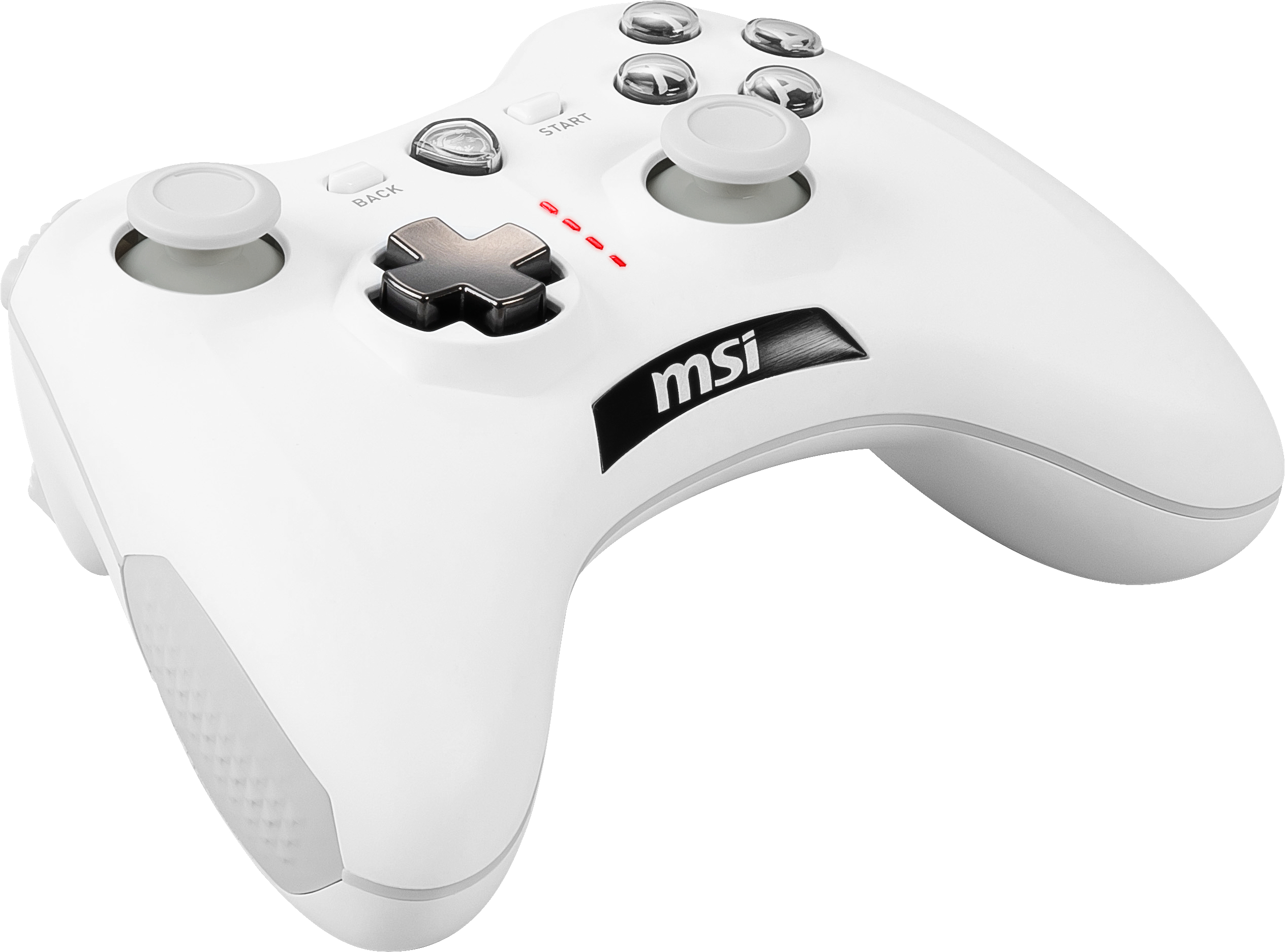 Weißes MSI-Gamepad mit Knöpfen, Steuerkreuz und Logo. Grauer Hintergrund.