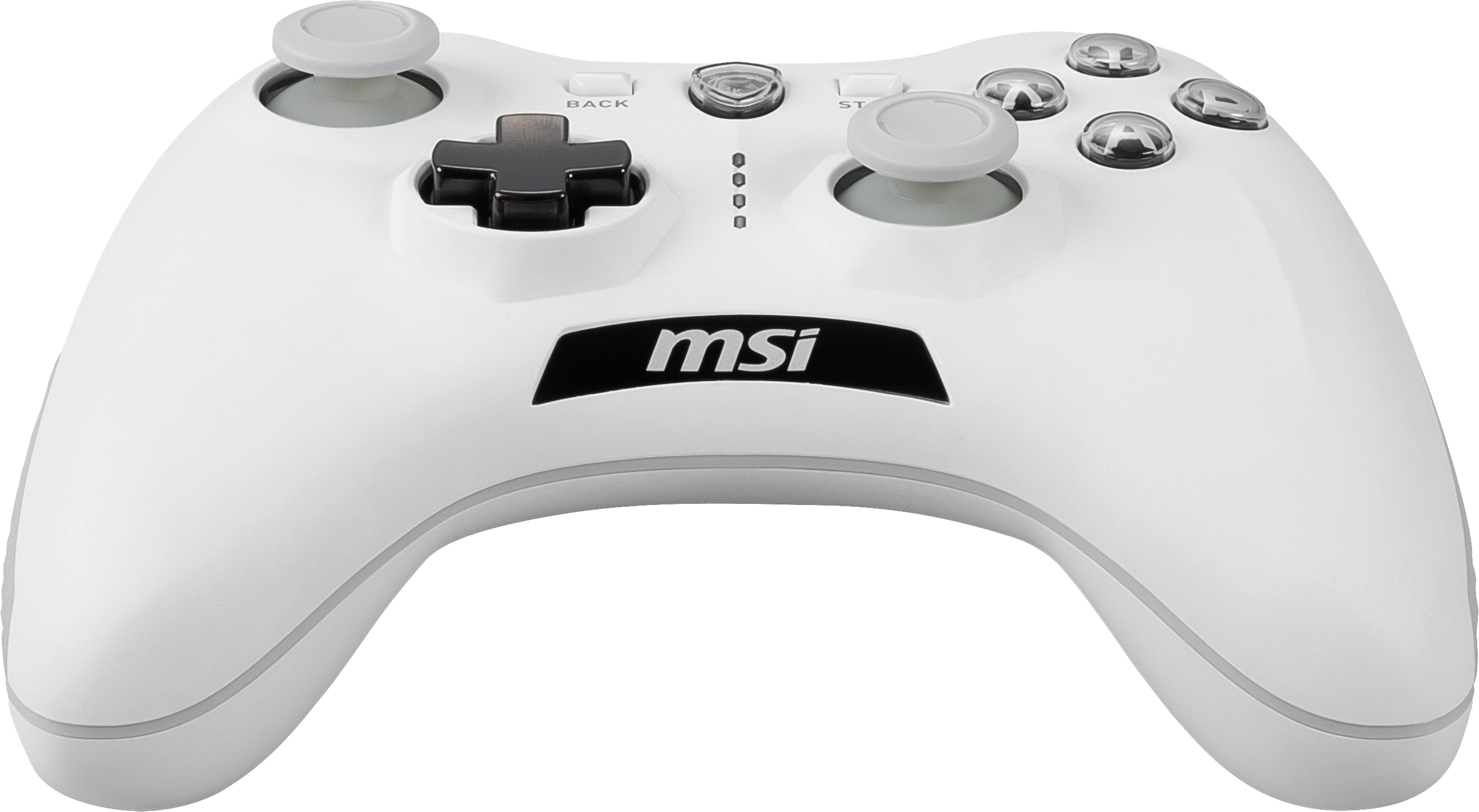 Weißer MSI-Gamecontroller mit grauen Akzenten und schwarzen Knöpfen.