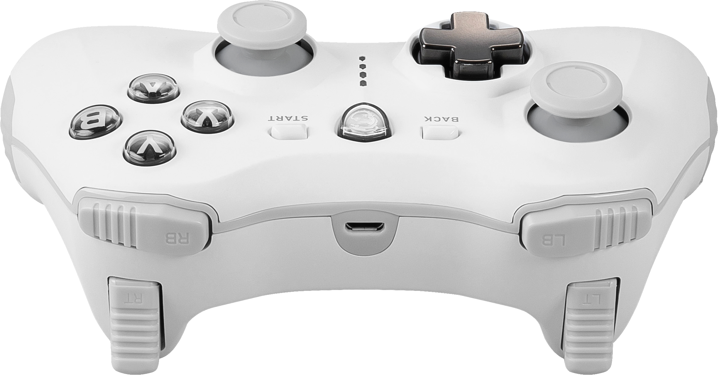 Weißer Gamecontroller mit Tasten und Joysticks. Der Controller befindet sich auf weißem Hintergrund.