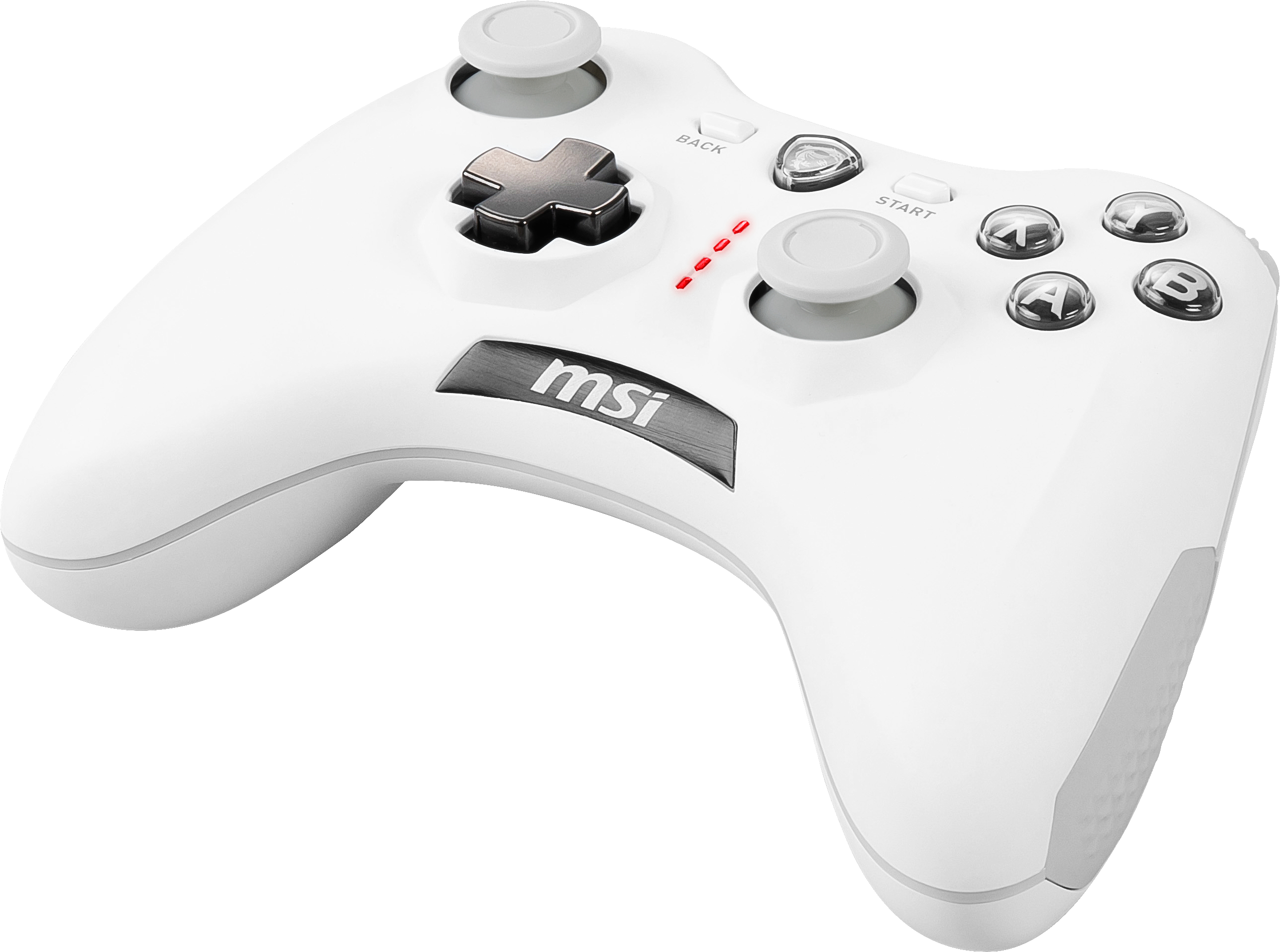Weißer MSI-Gamecontroller mit grauen Akzenten auf weißem Hintergrund.