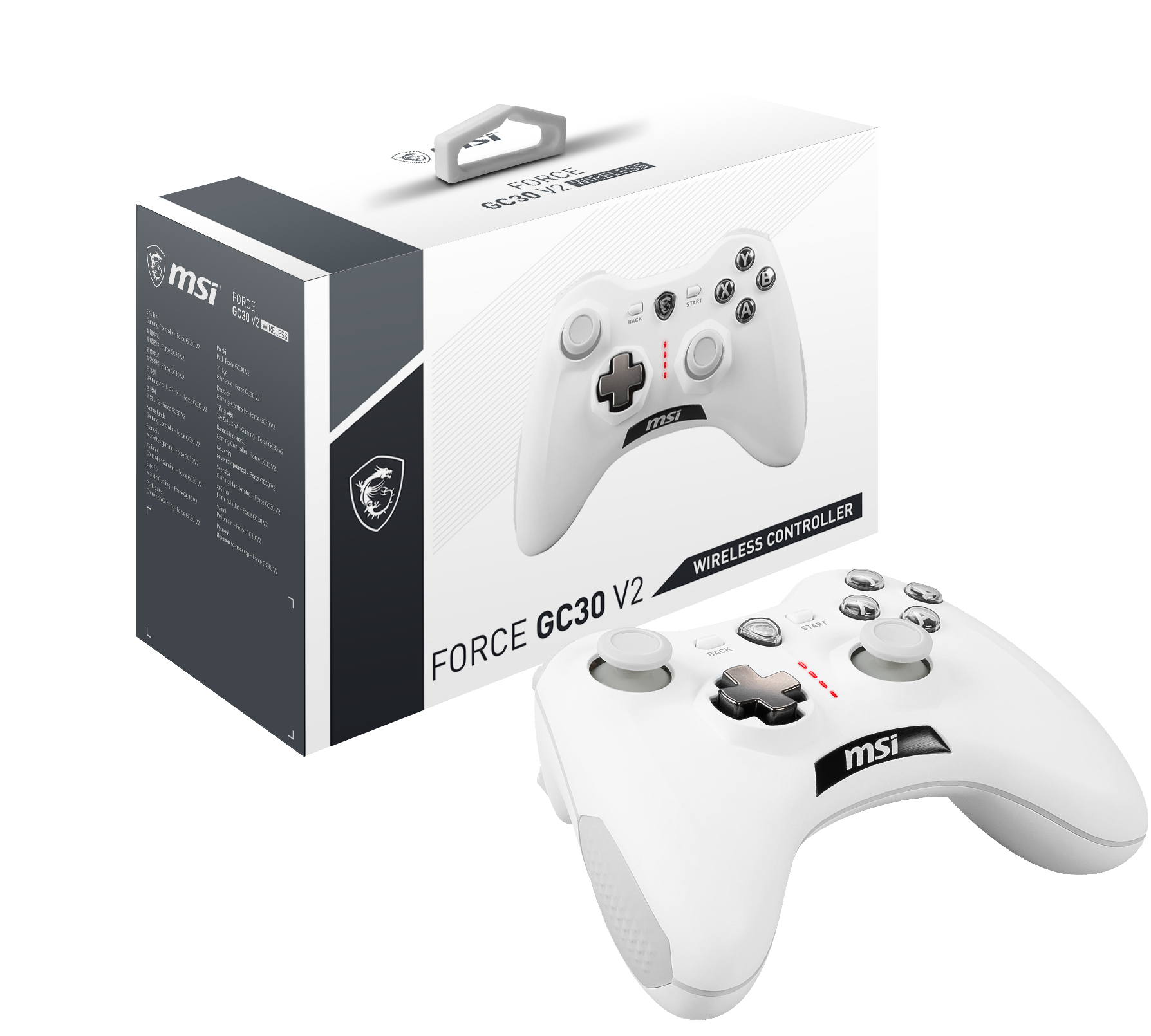 Weißer Wireless-Controller mit Box. Controller hat MSI-Branding.