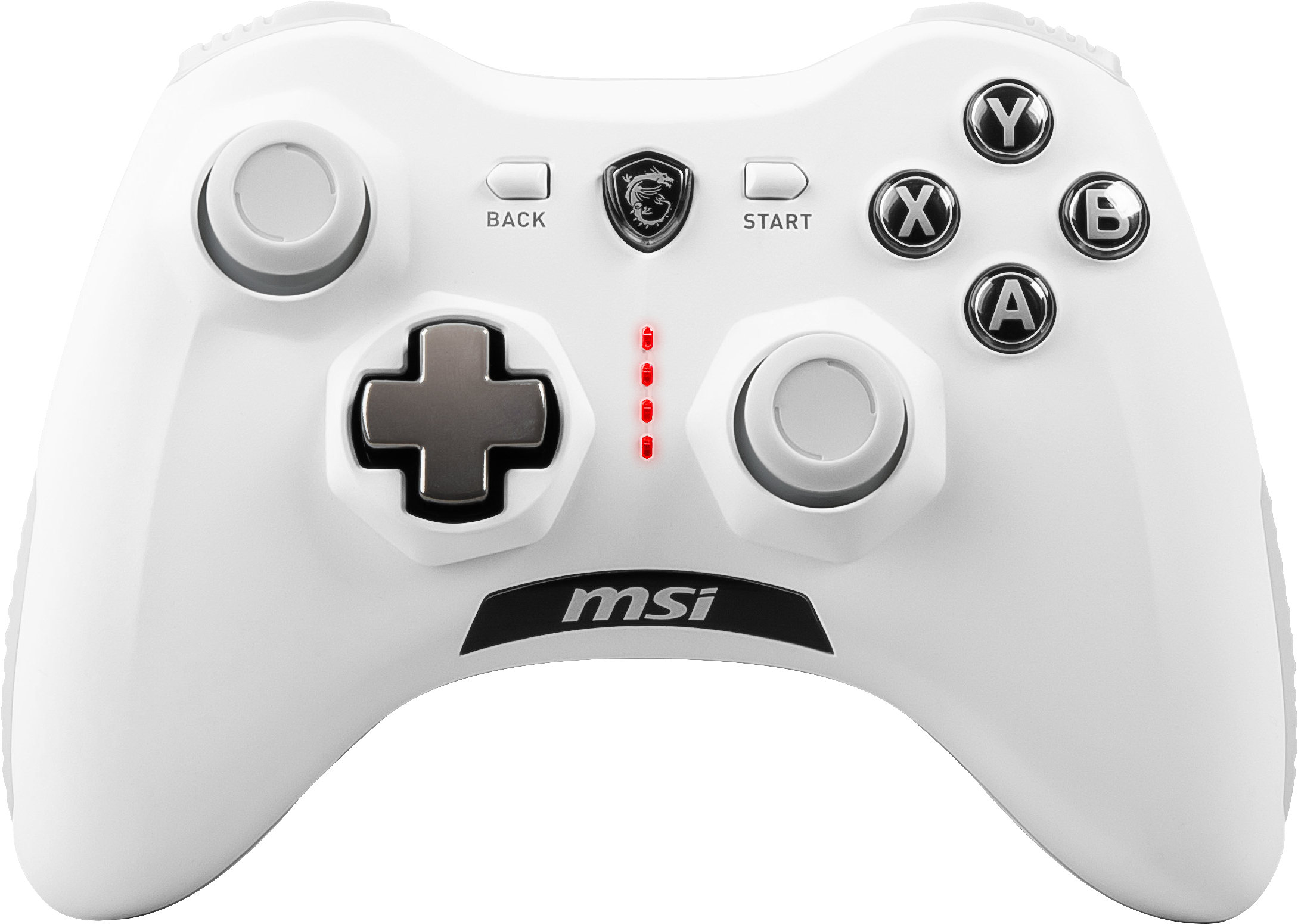 Ein weißer Gamecontroller mit schwarzen Knöpfen und einem grauen Steuerkreuz.