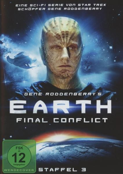 DVD-Cover von 'Gene Roddenberry's Earth: Final Conflict' mit einem Männergesicht im Weltraum.