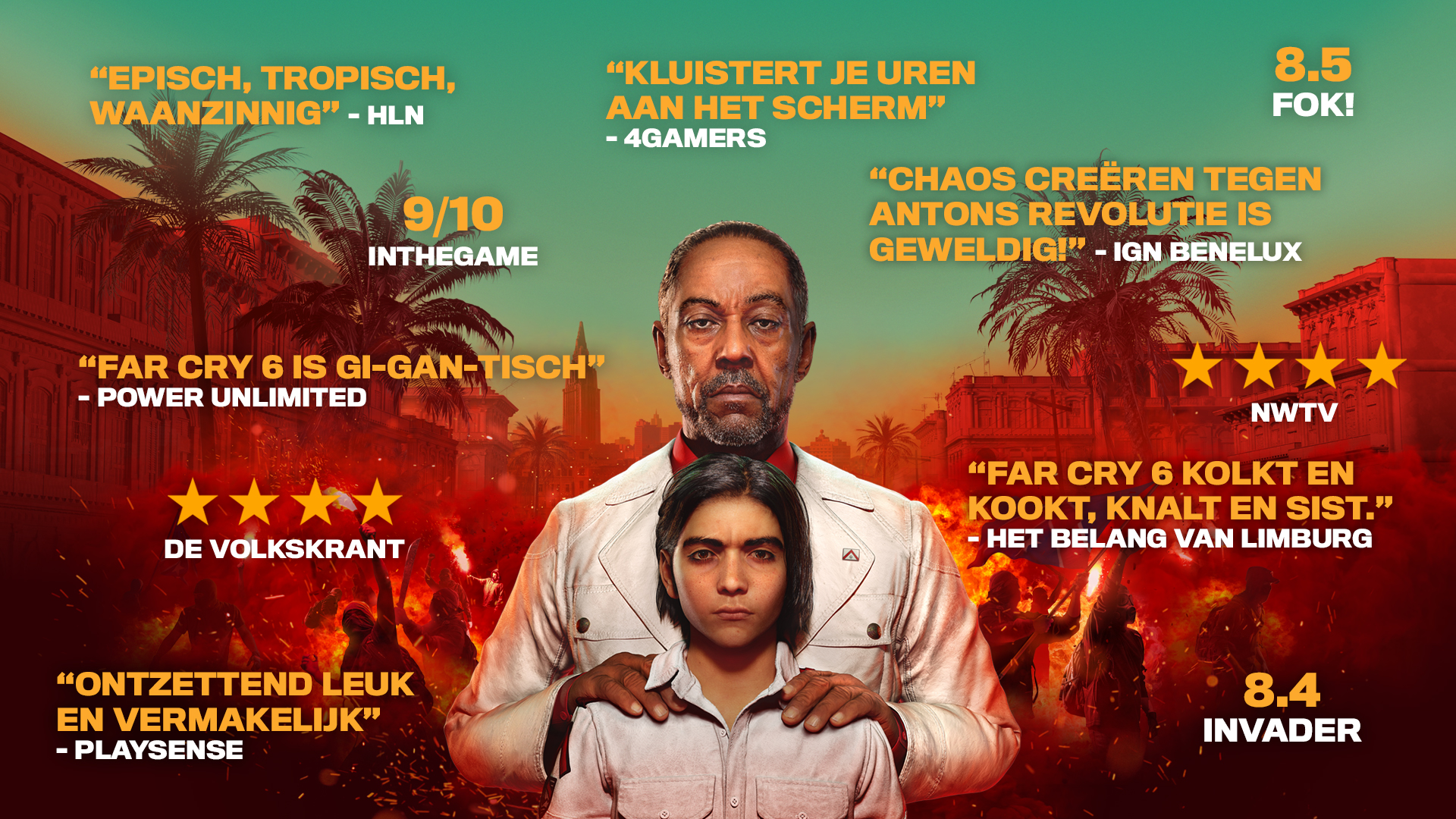 Gamecover met Far Cry 6 personages en beoordelingen in verschillende talen.