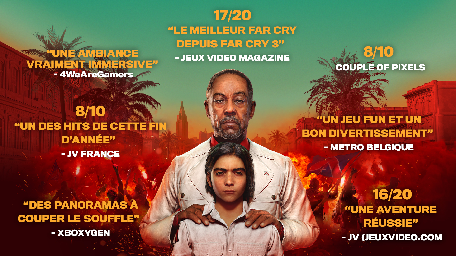 Far Cry 6 game cover with the main character and reviews. Background shows fire and buildings.