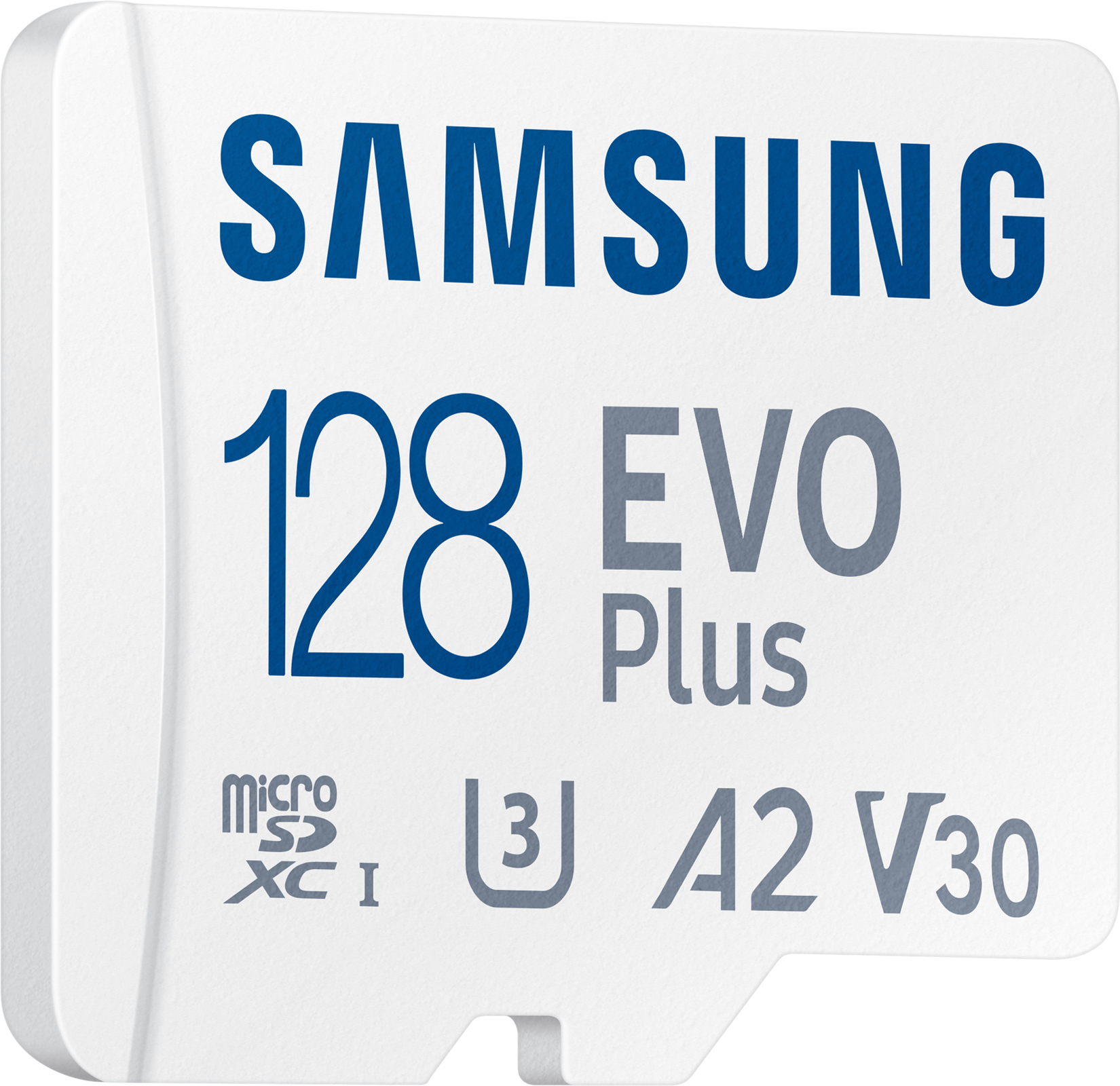 Weiße Samsung 128GB EVO Plus microSD-Karte. Blauer Text auf Weiß. MicroSD-Kartendetails.