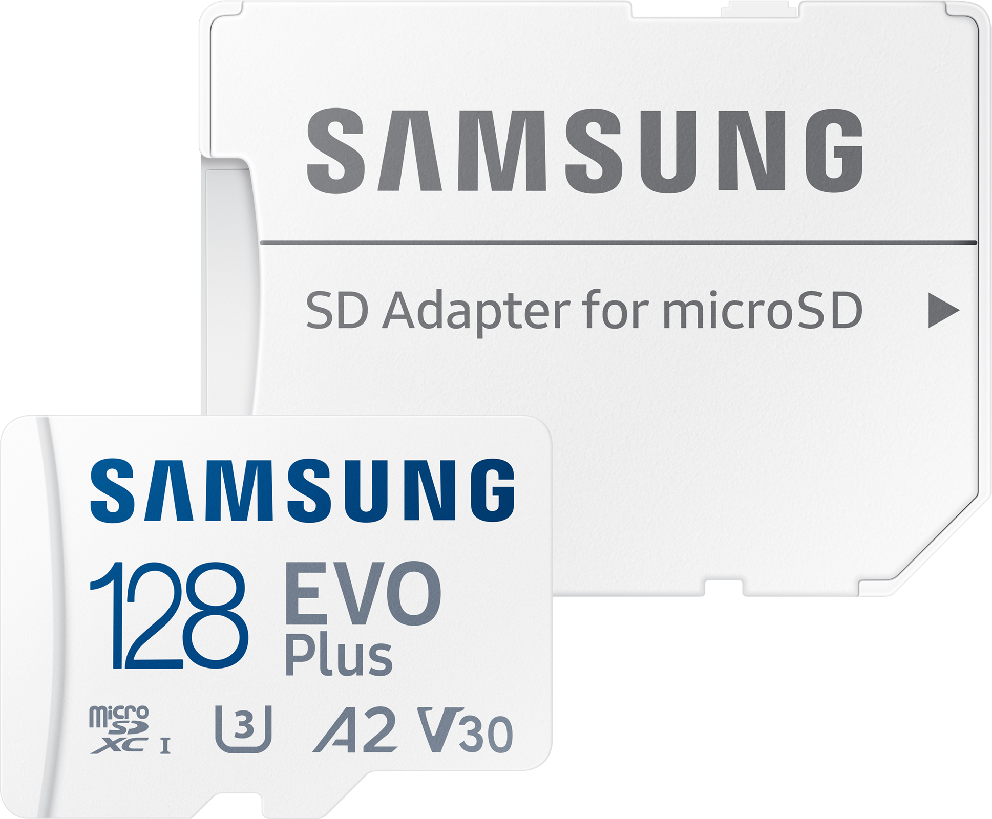 Zwei weiße Samsung SD-Karten, eine mit SD-Adapter und die andere mit EVO Plus-Etikett.