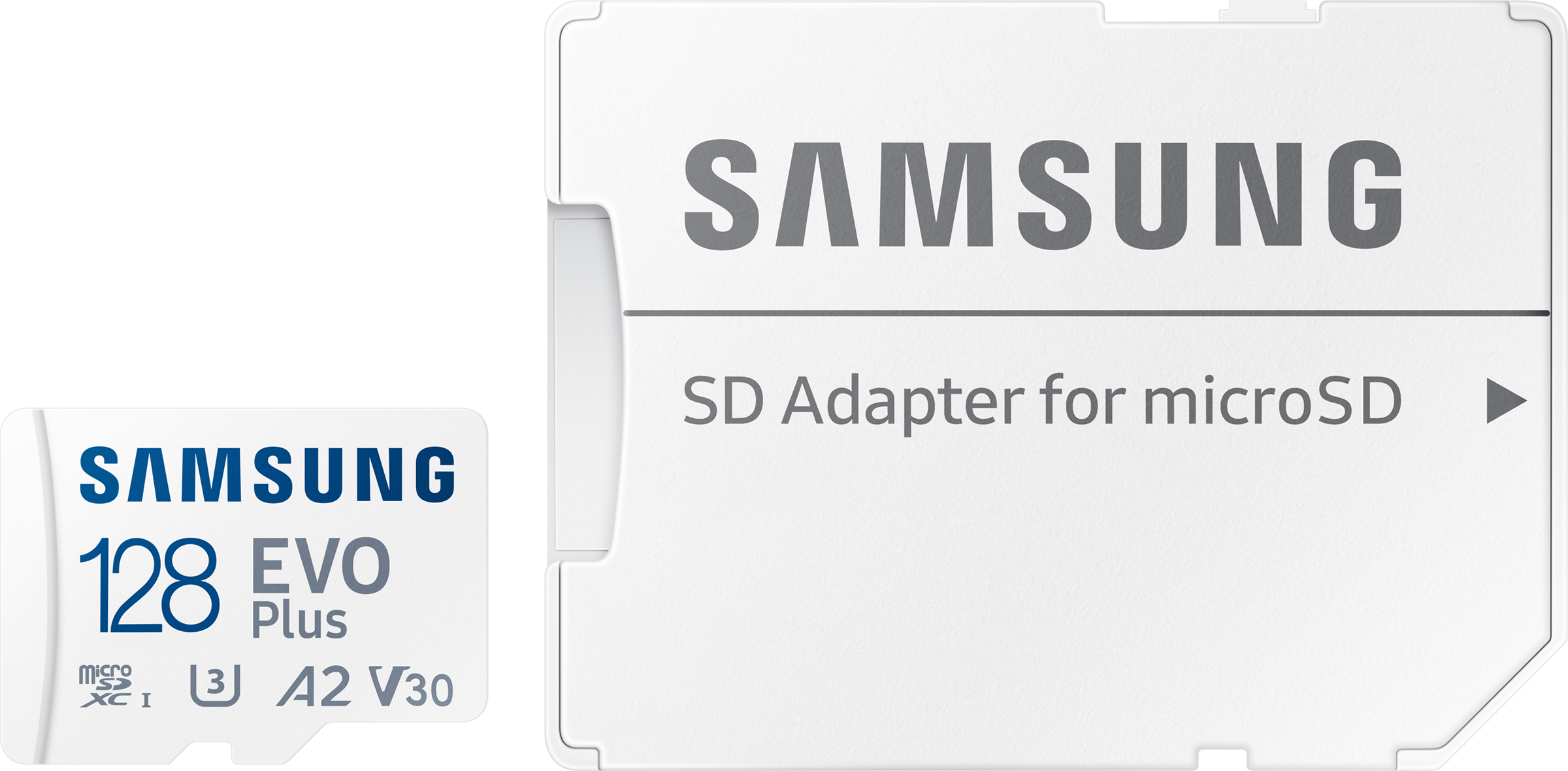 Eine SD-Karte und ein Adapter auf weißem Hintergrund. Auf der SD-Karte steht SAMSUNG 128 EVO Plus.