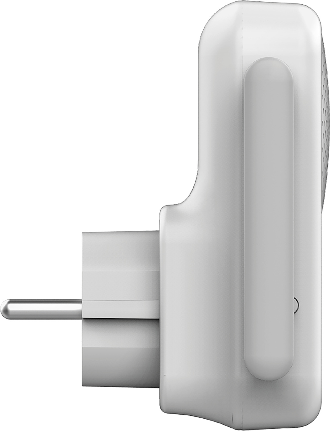 White power adapter with two prongs. The right side has a curved shape.