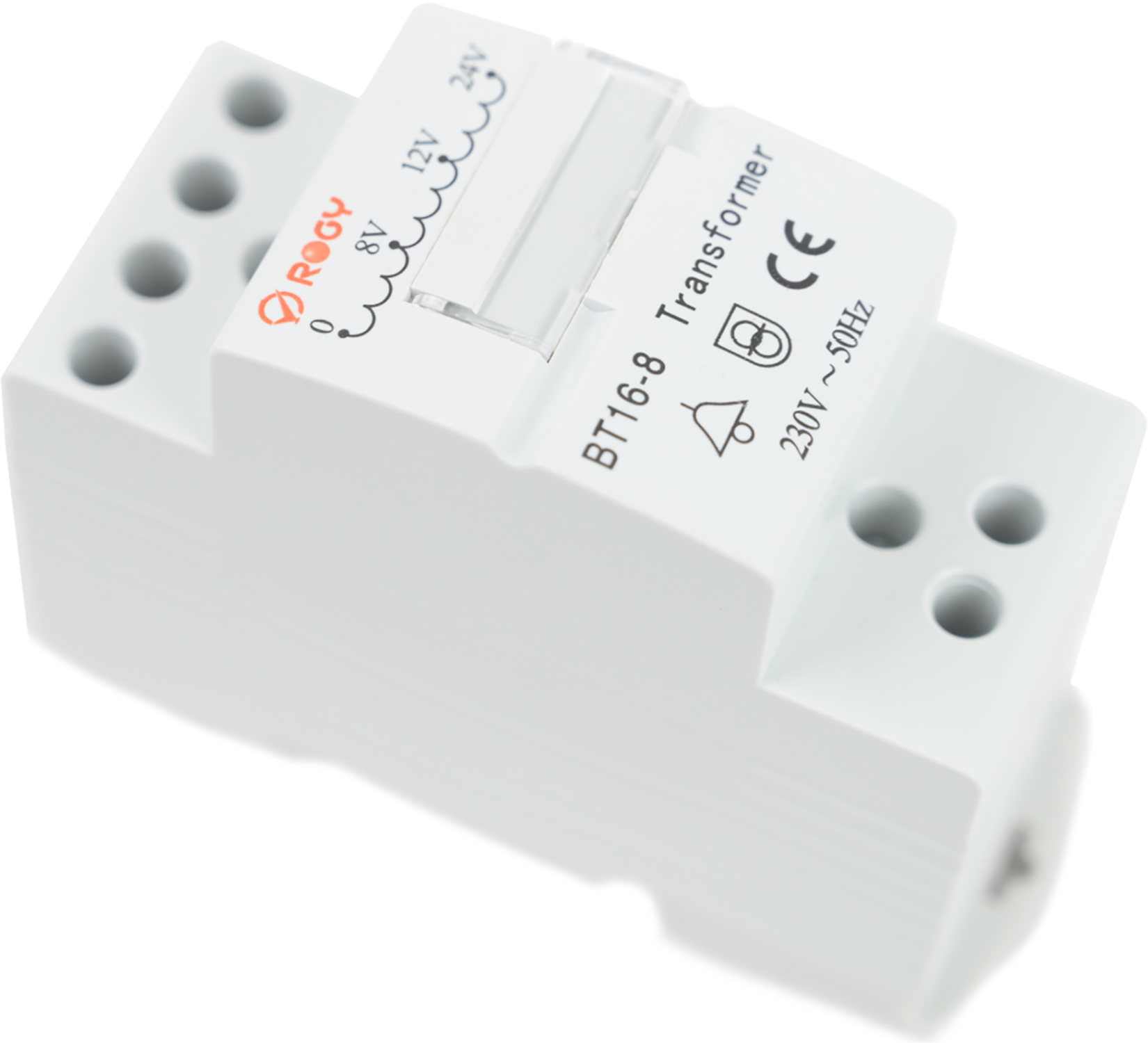 A white transformer with a brand name and specifications.