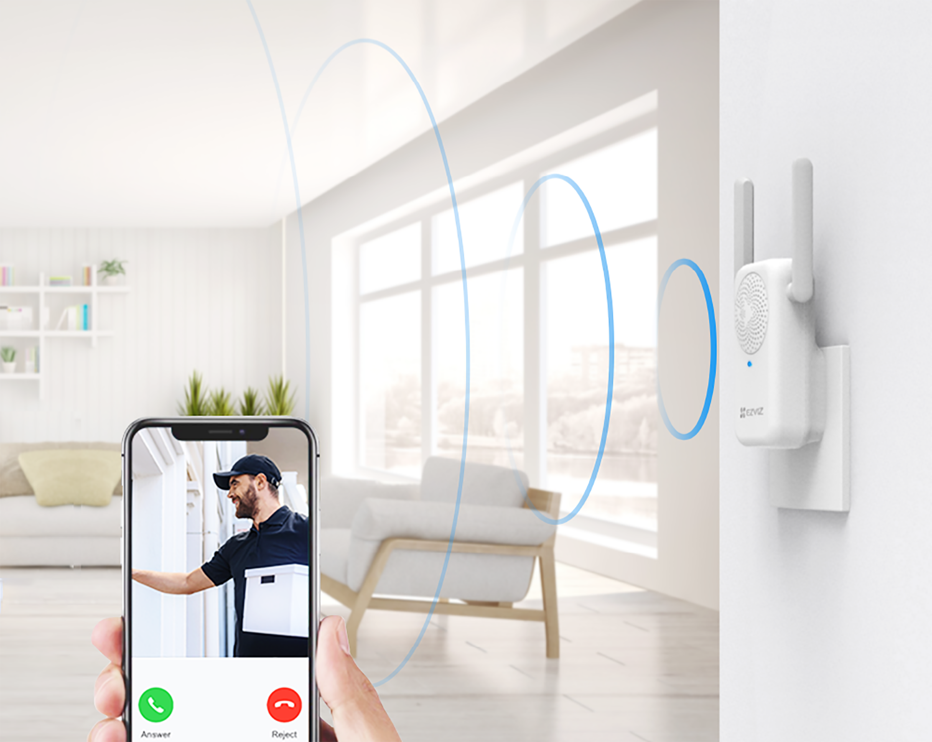 A person holding a phone with a video call interface near a white Wi-Fi extender.
