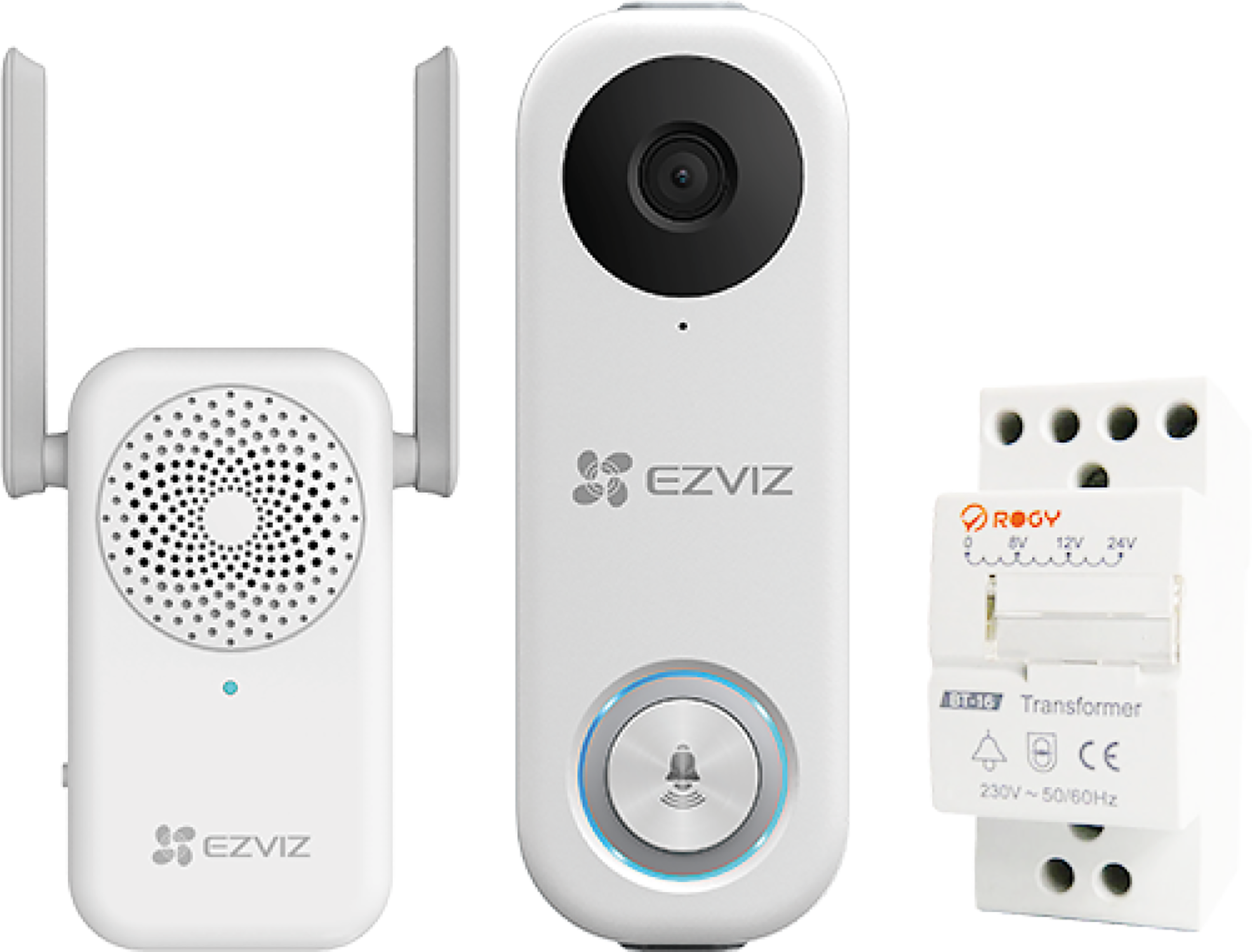 White EZVIZ doorbell system components including a camera, receiver, and transformer.