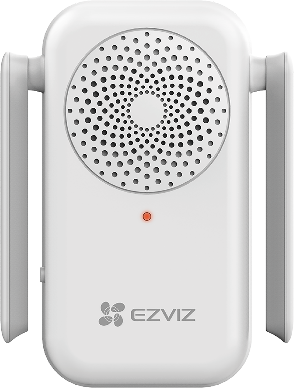 White EZVIZ security camera, front view, with antennas and a red light.