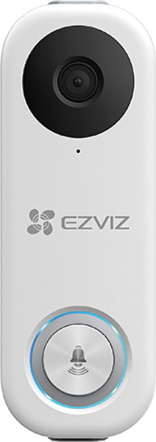 White EZVIZ video doorbell with a black lens and silver button, isolated.