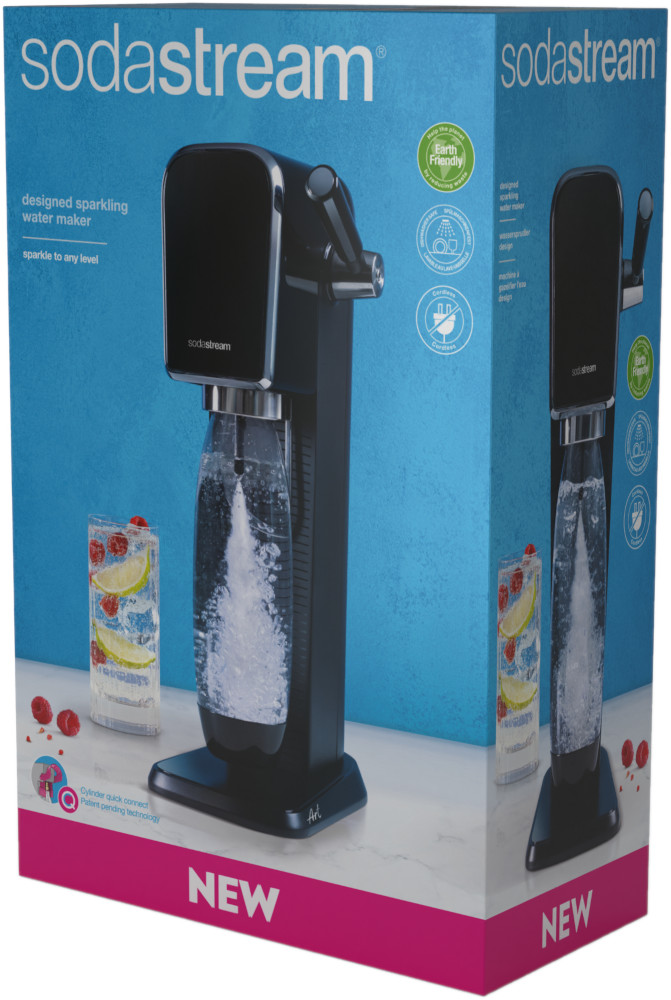 Boîte de machine à eau pétillante SodaStream, machine noire, bouteille d'eau et verre avec fruits.