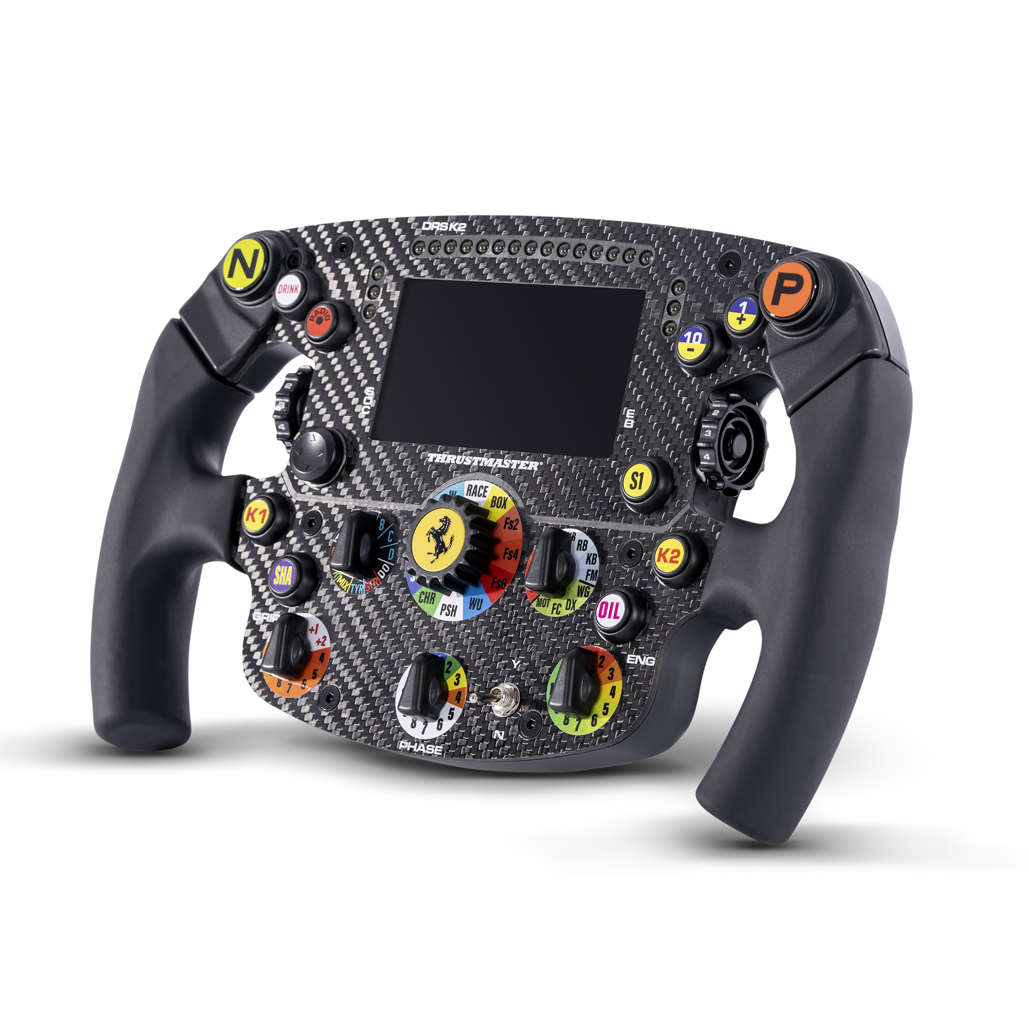 Formule 1-stuurwiel met veel knoppen, draaiknoppen en een beeldscherm. Het is een Thrustmaster Ferrari-stuurwiel.