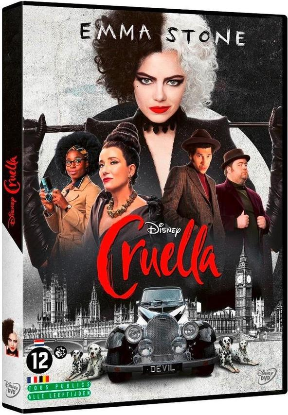 Filmposter: Cruella met Emma Stone, met verschillende personages en een auto.