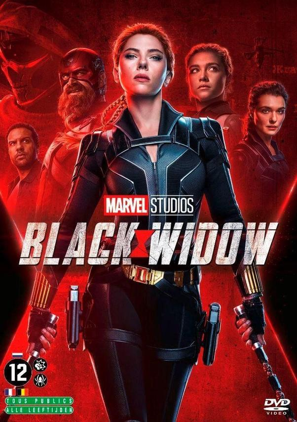 Jaquette DVD de 'Black Widow', avec Scarlett Johansson, fond rouge.