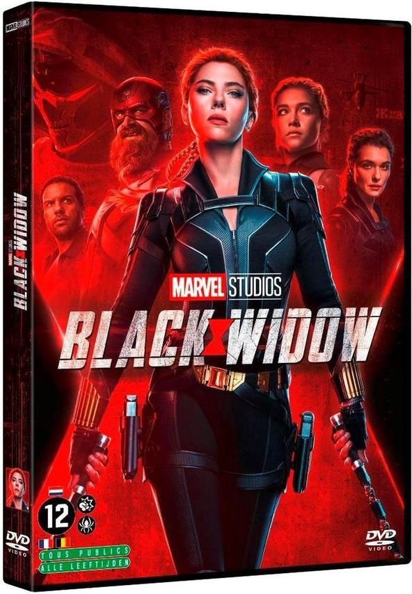 Couverture DVD de Black Widow avec Scarlett Johansson, d'autres acteurs et un fond rouge et noir.
