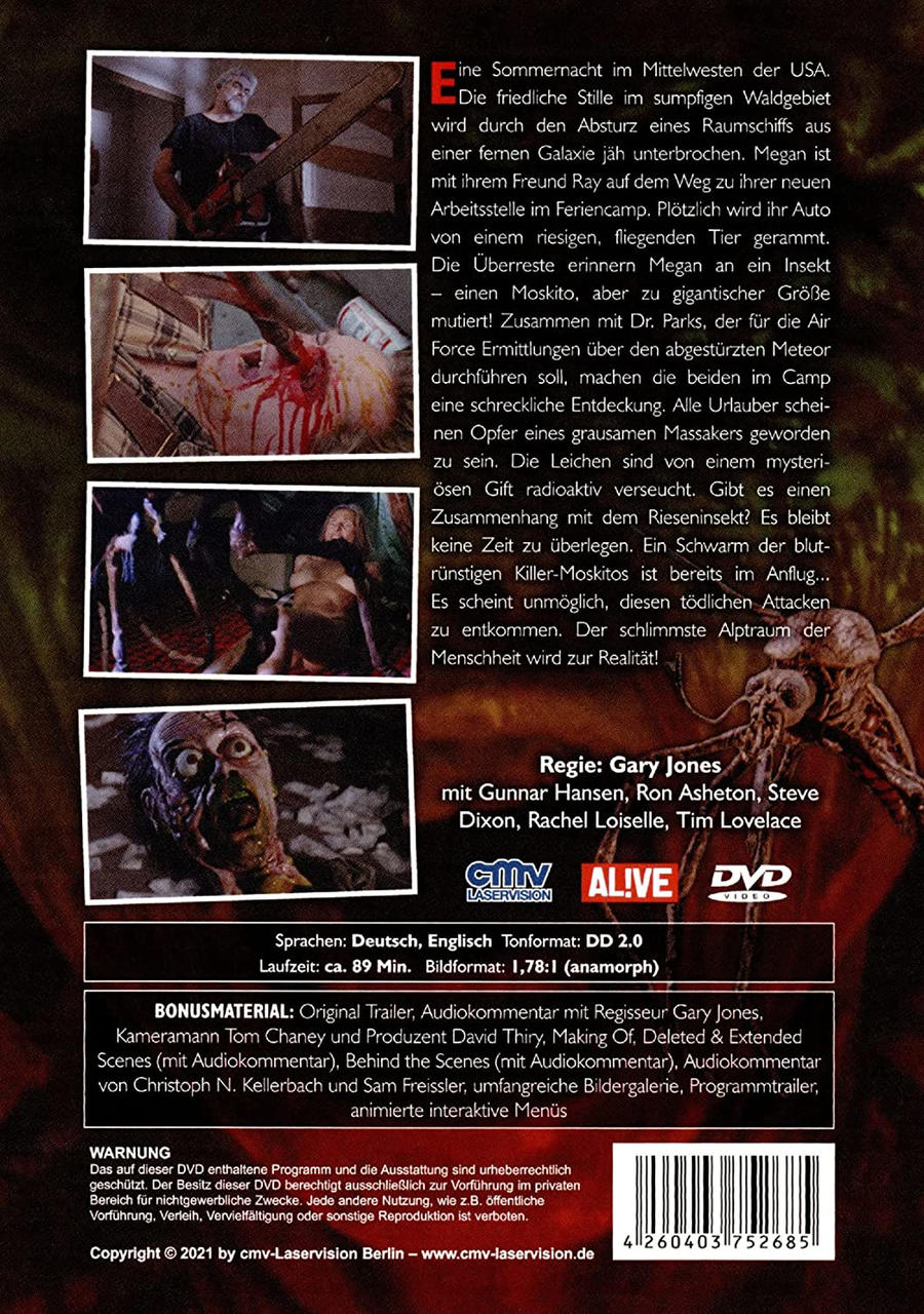 DVD-Cover mit Text und einer Szene mit einem Mann mit einer Kettensäge.