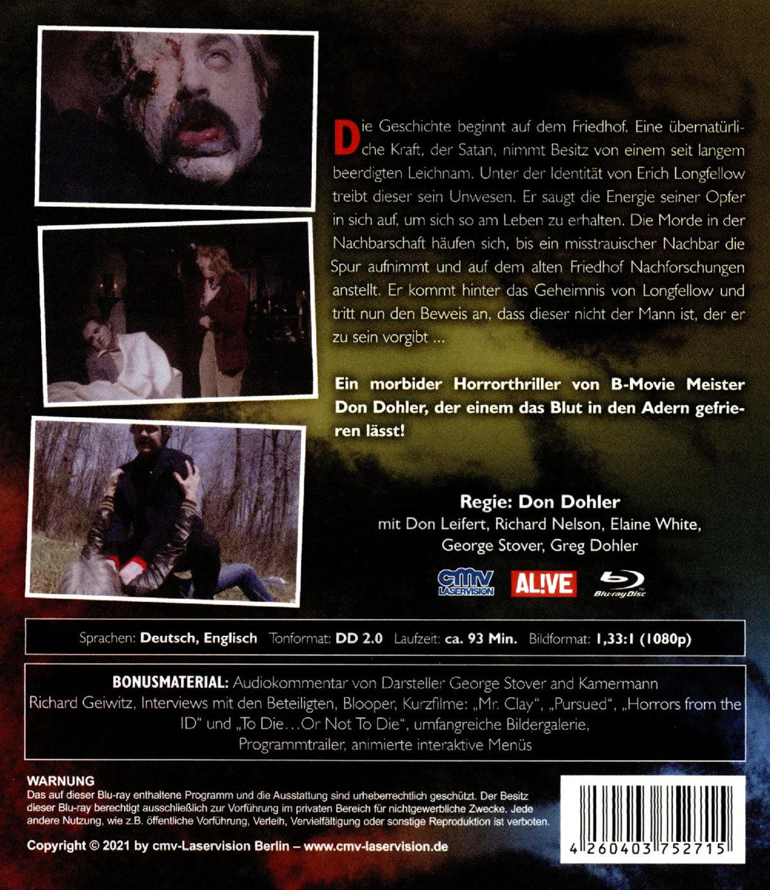 Die Rückseite einer Horrorfilm-DVD mit verstörendem Gesicht und Text.
