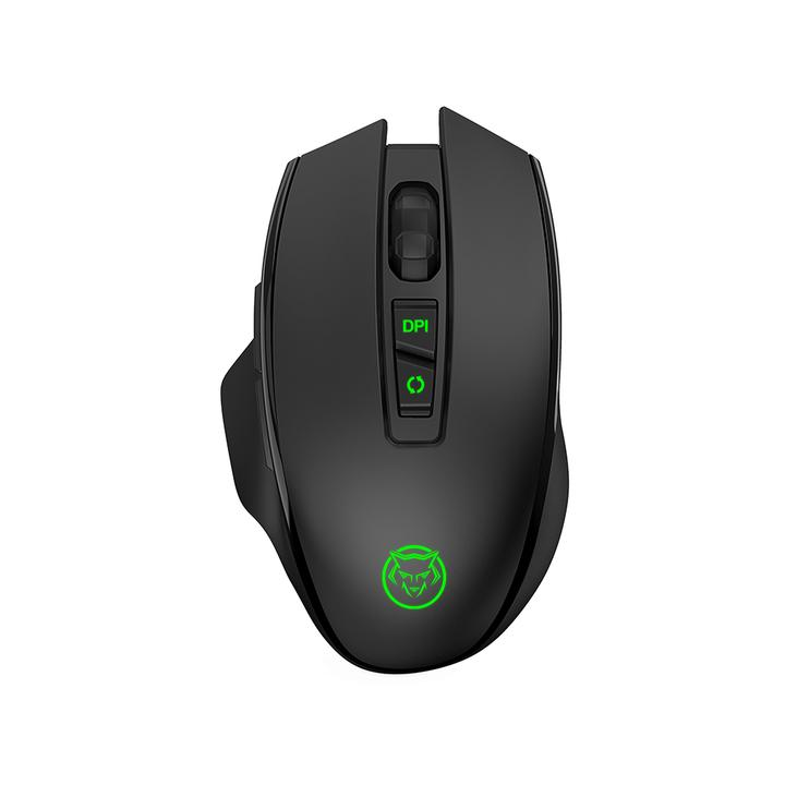 A black gaming mouse, with a DPI button. The mouse has a glowing logo.