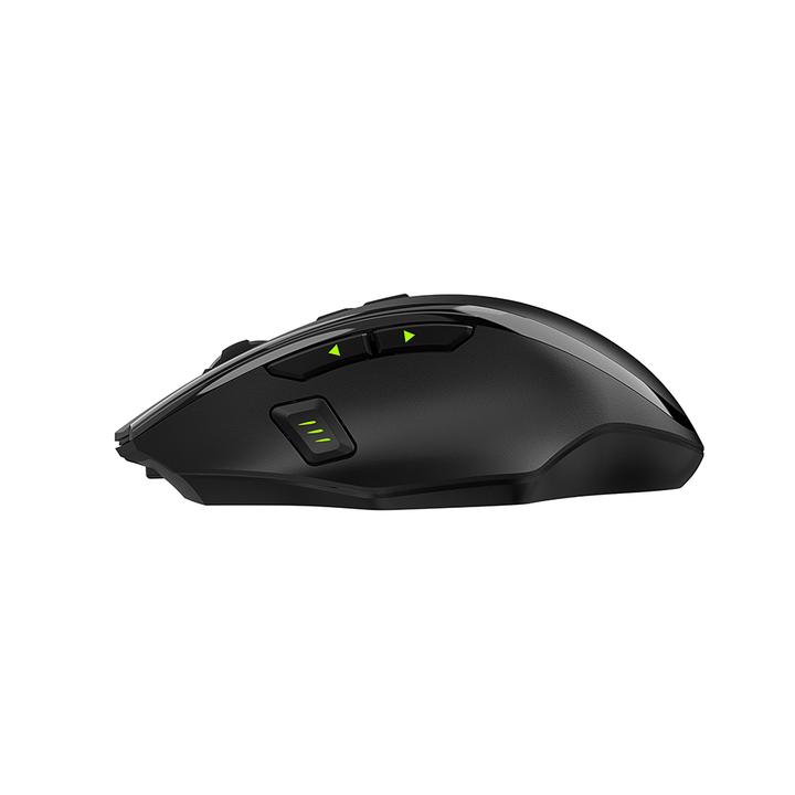 Black gaming mouse, with buttons and a curved ergonomic design.