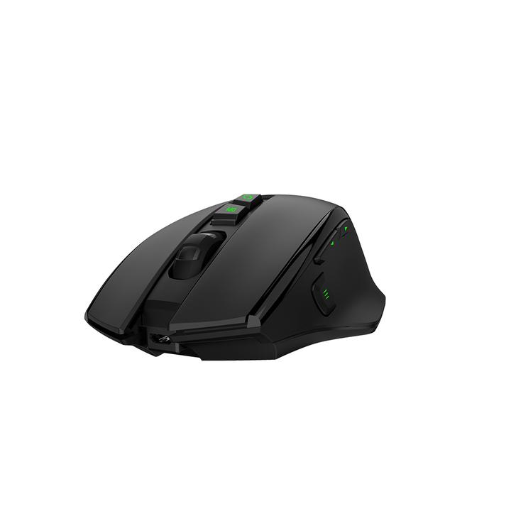 A black gaming mouse with green buttons on top and the side. Isolated on white background.