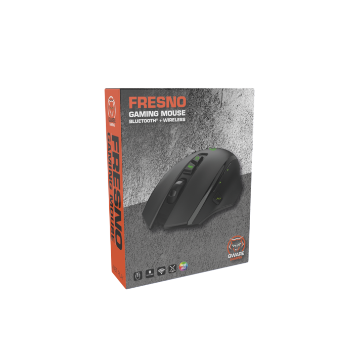 A black gaming mouse in its box. The box is orange with the brand name 'FRESNO'.