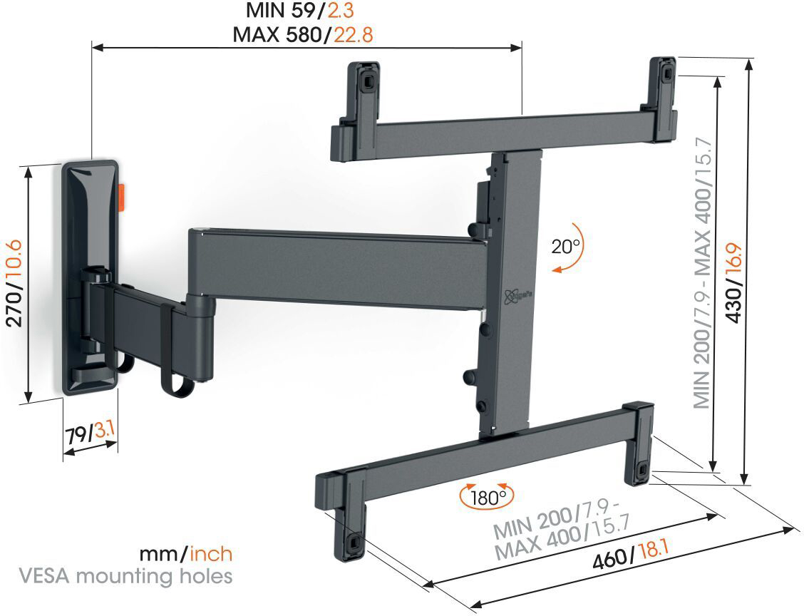 TV wall mount. Two arms with measurements and degrees.