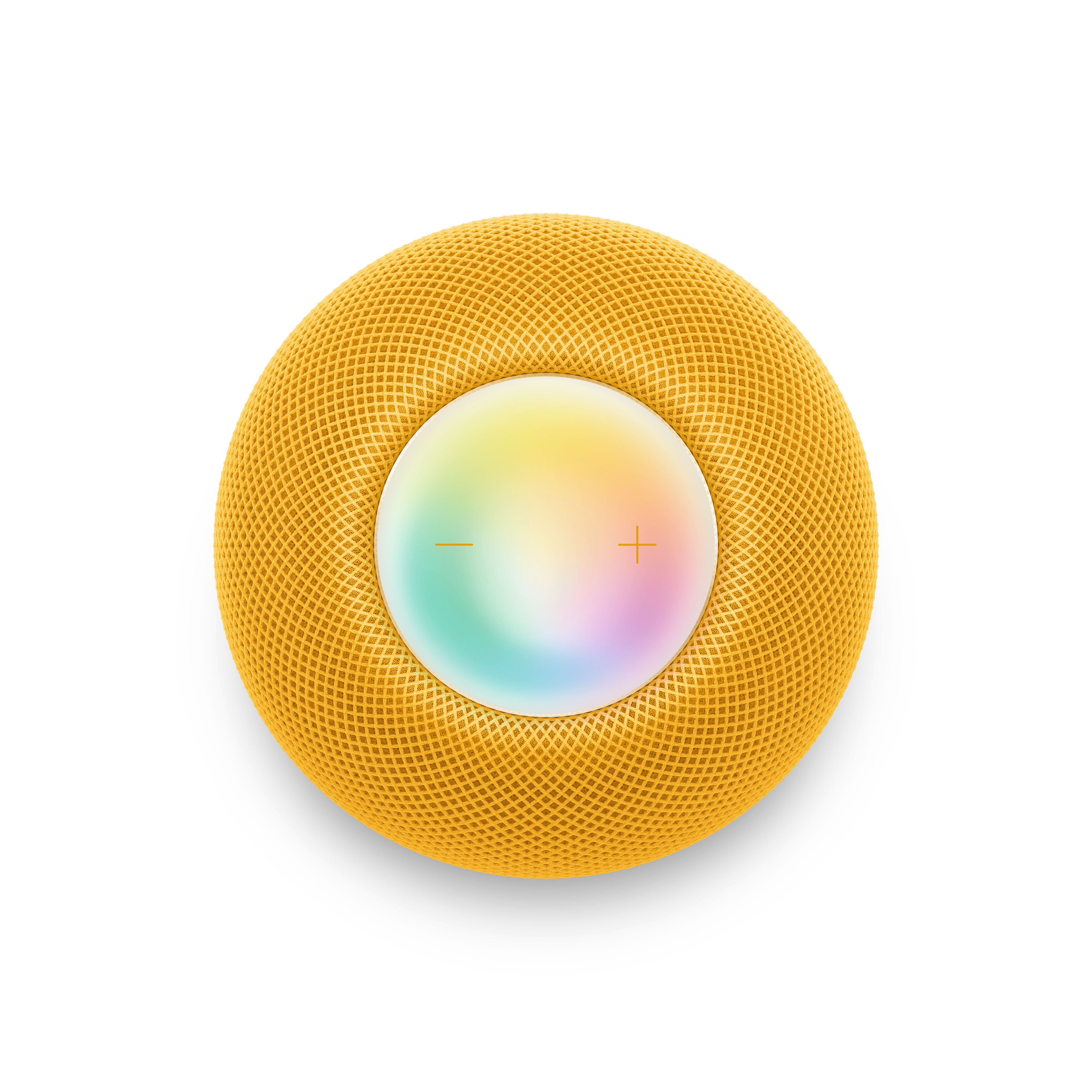 Altavoz inteligente amarillo con luz colorida en la parte superior. Forma redonda y base blanca.