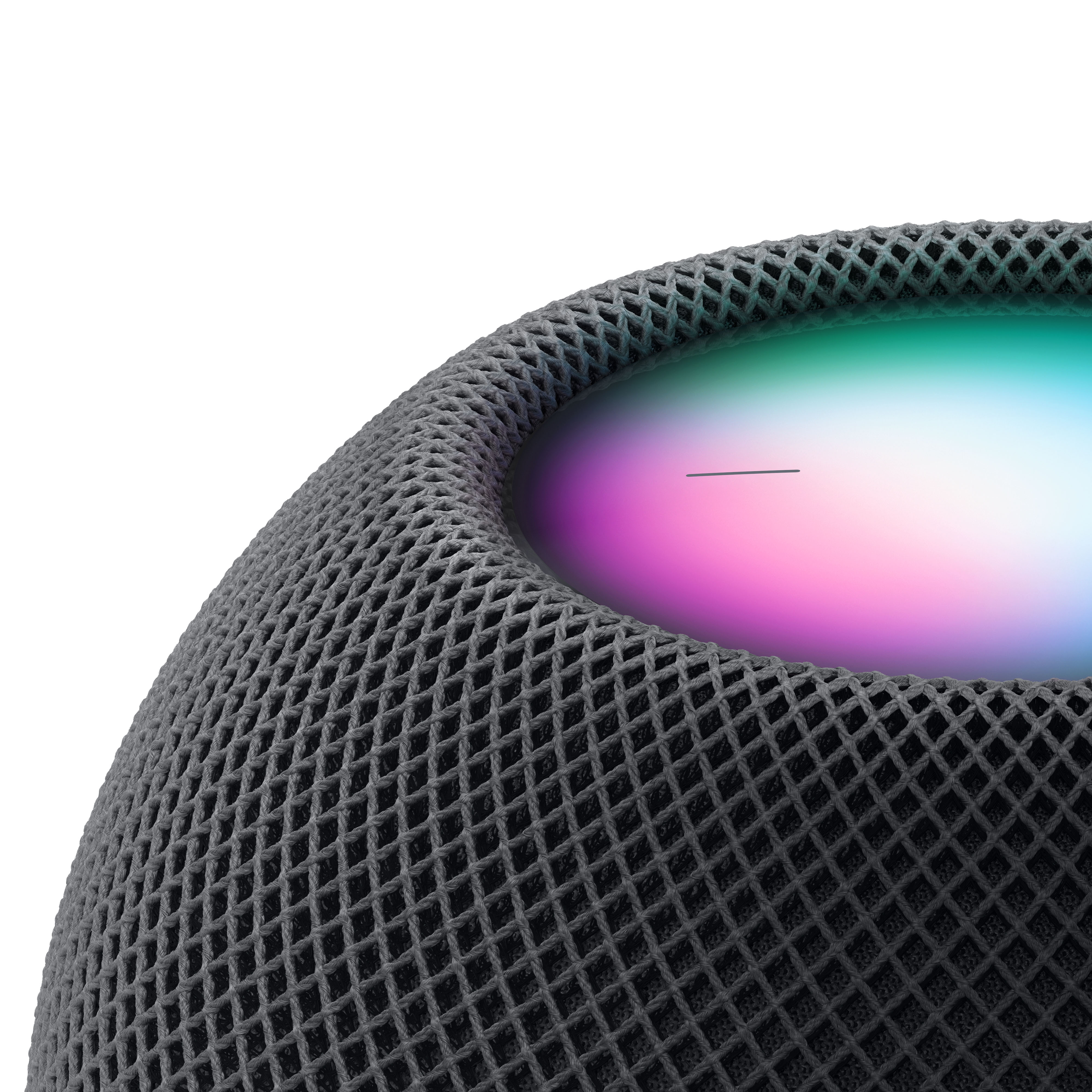 Primer plano de un altavoz HomePod. La parte superior tiene un diseño de malla con gradiente de color.