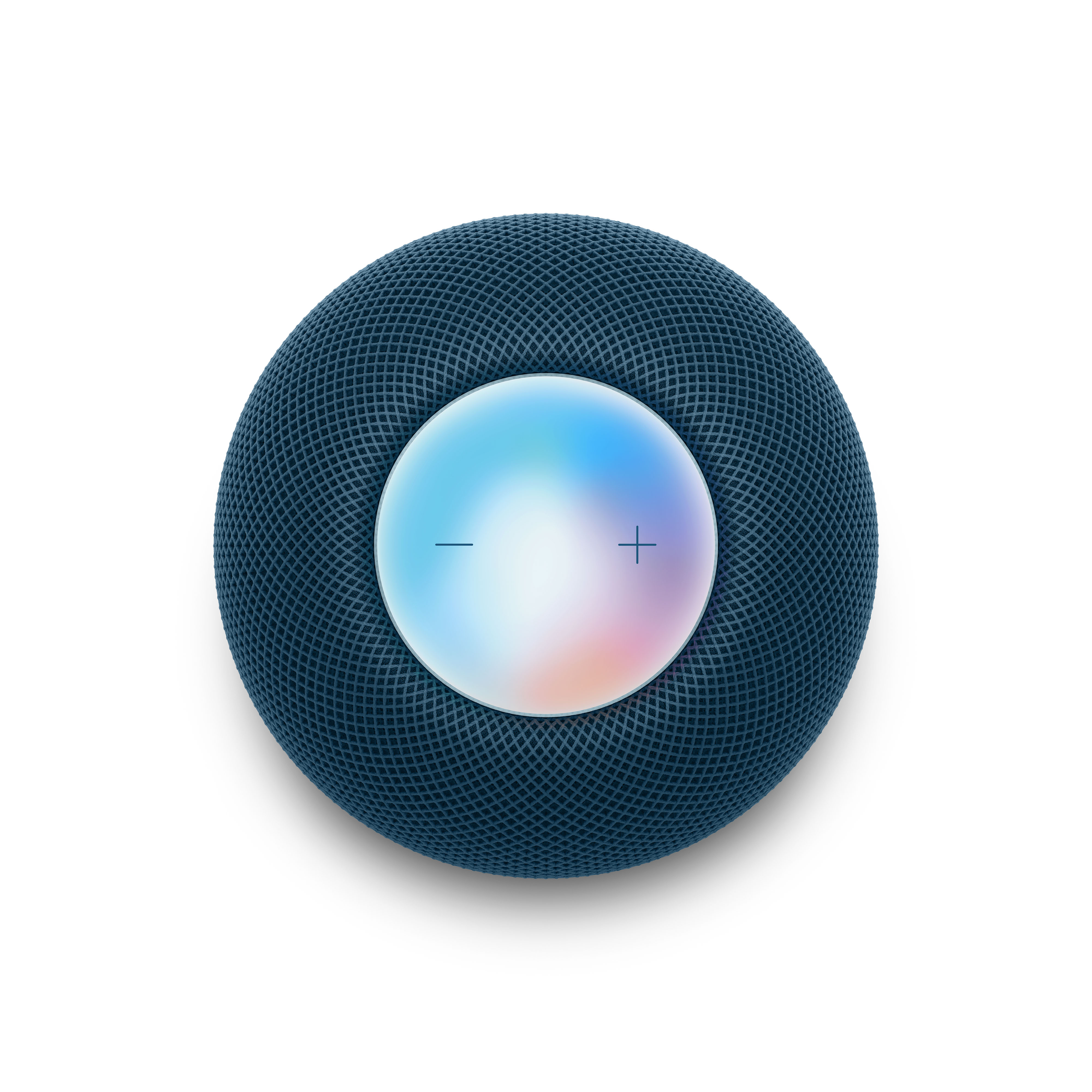Un HomePod mini azul, vista superior, sobre un fondo blanco. Tiene una superficie táctil con símbolos de más y menos.