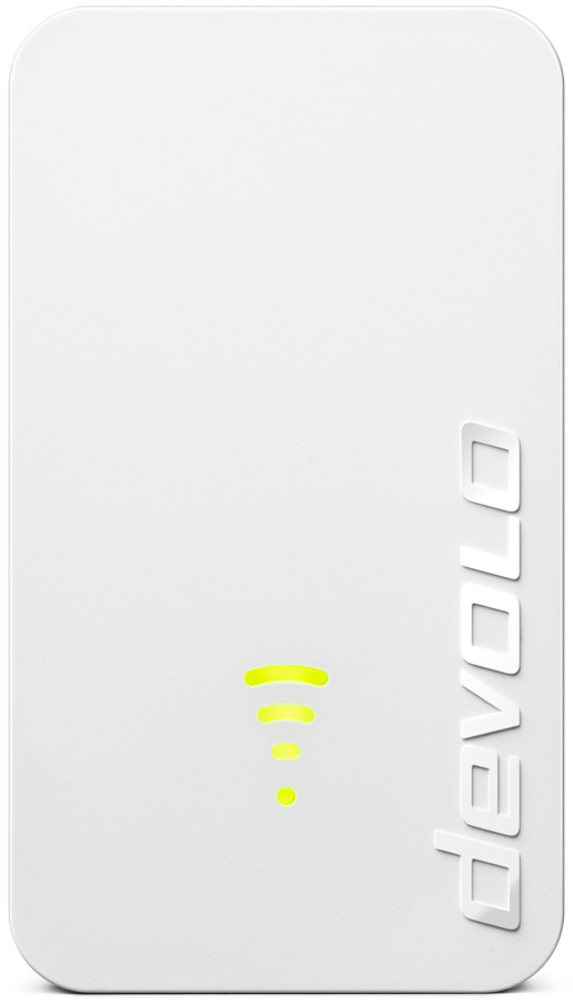 Wit rechthoekig apparaat met Devolo-logo en een groen Wi-Fi-symbool.