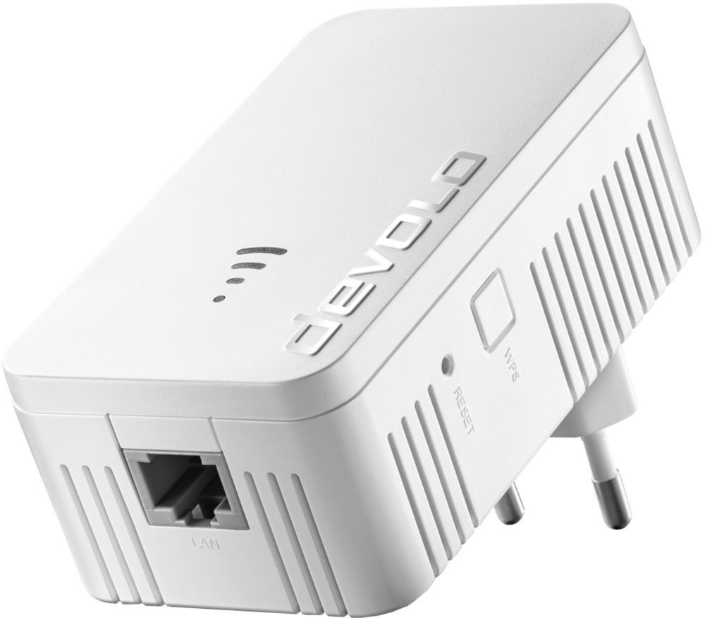 Witte devolo Wi-Fi repeater, met poorten en knoppen, schuine opname, op een zwarte achtergrond.