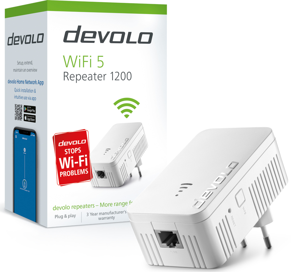 Devolo WiFi 5 Repeater 1200 doos en apparaat. De doos is wit en groen; het apparaat is wit met knoppen.