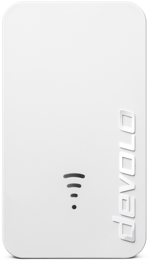 Een witte devolo wifi-extender met het devolo-logo erop.
