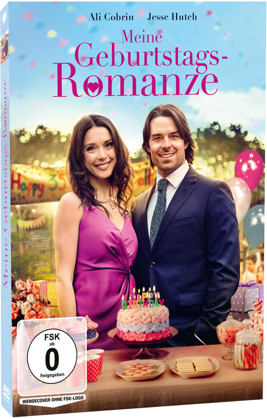 DVD-Cover mit Paar, Kuchen und Luftballons. Deutscher Text lautet „Meine Geburtstags-Romanze“.