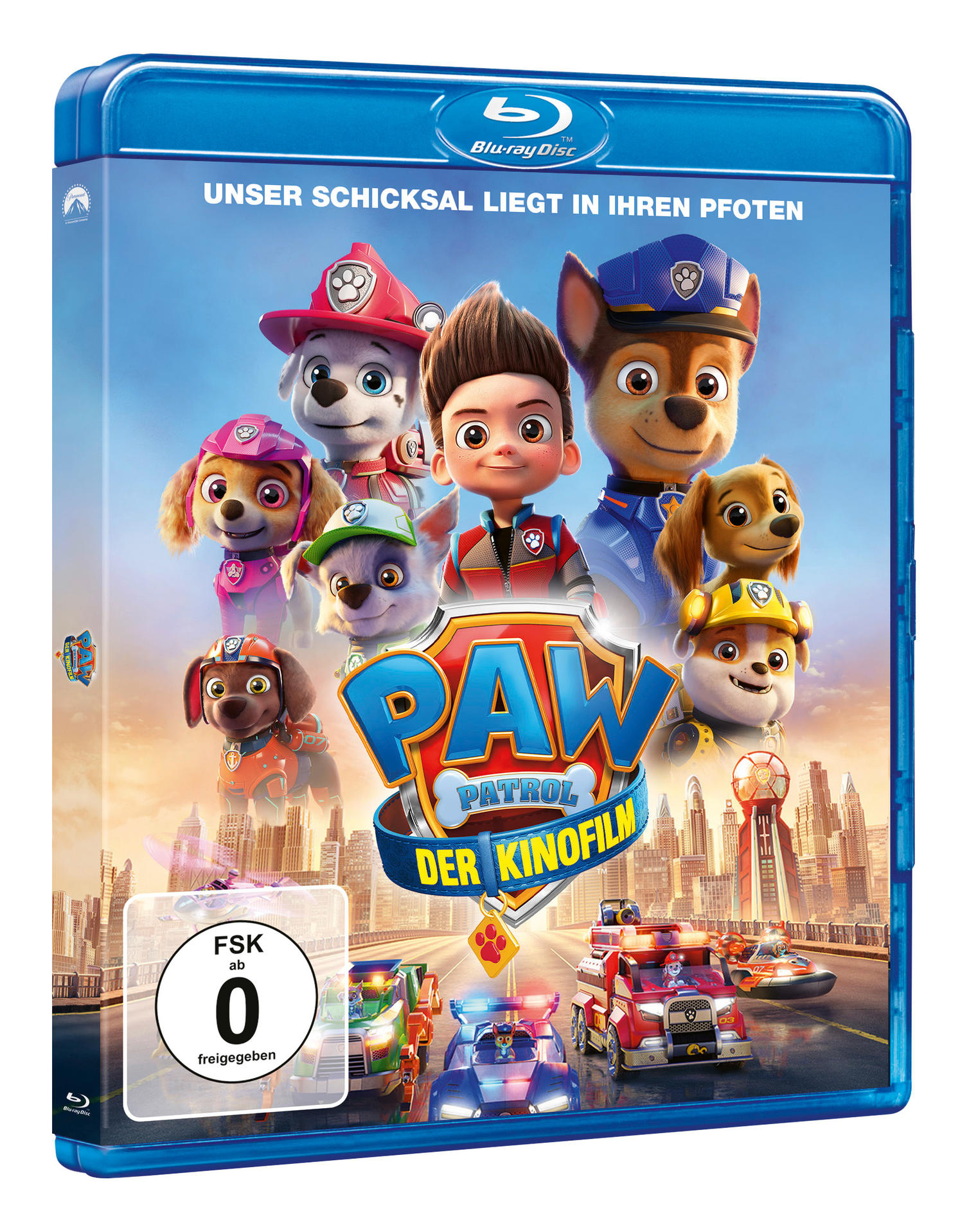 Paw Patrol Film Blu-ray-Cover mit Zeichentrickfiguren und Stadtkulisse.