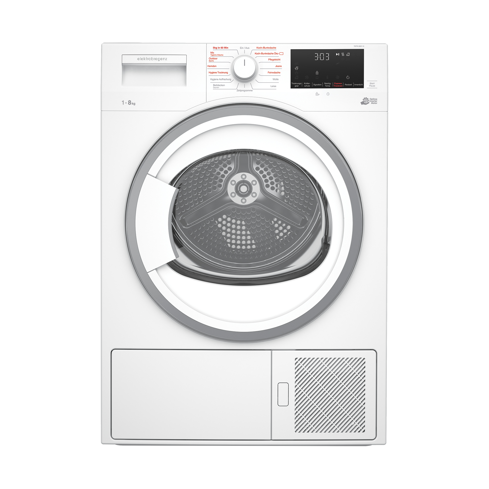 Weiße Waschmaschine mit Frontlader, Digitalanzeige und offener Tür.