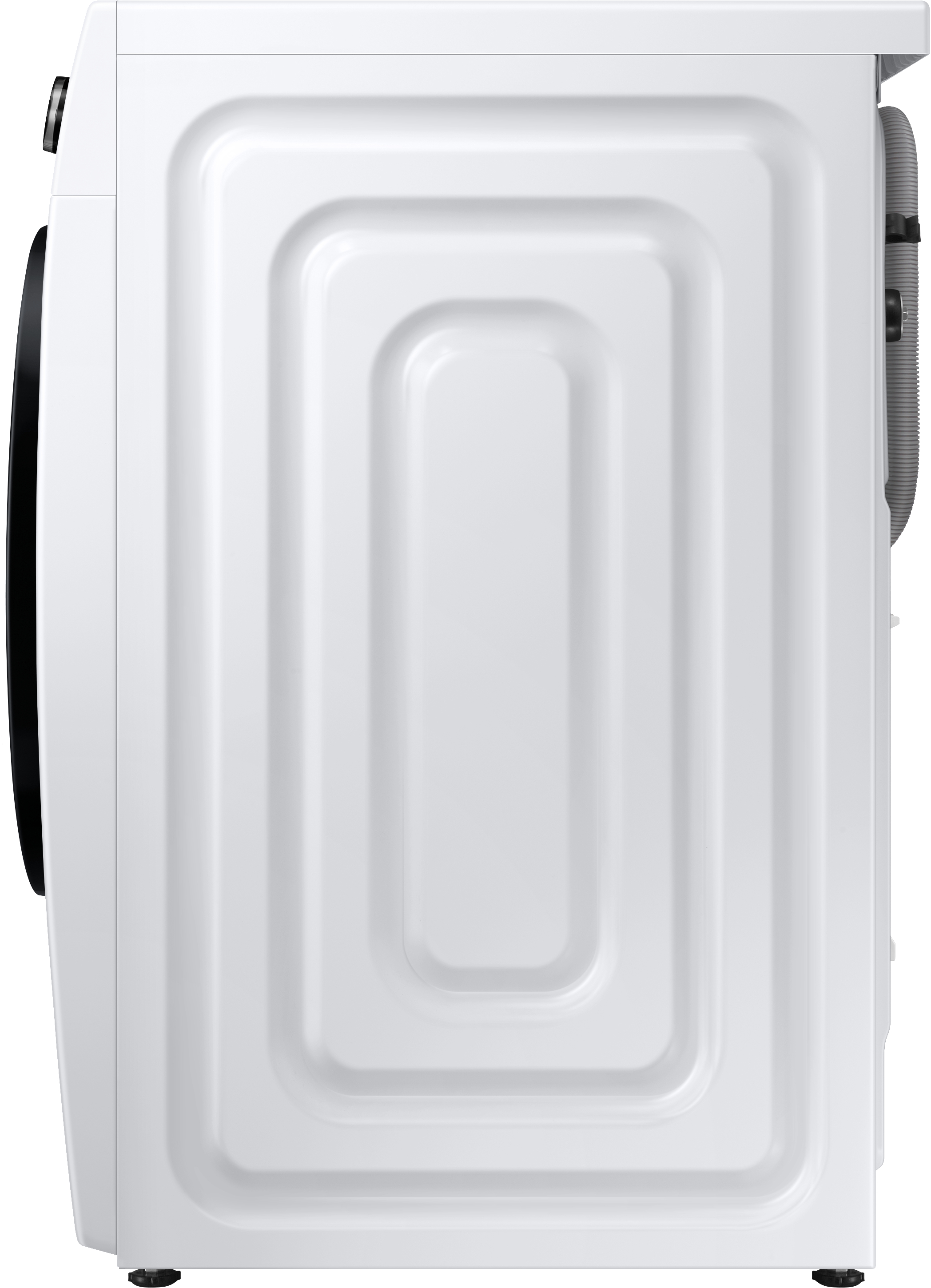 Seitenansicht einer weißen Waschmaschine, Rückwand mit Rillen und schwarzer Tür links zeigend.