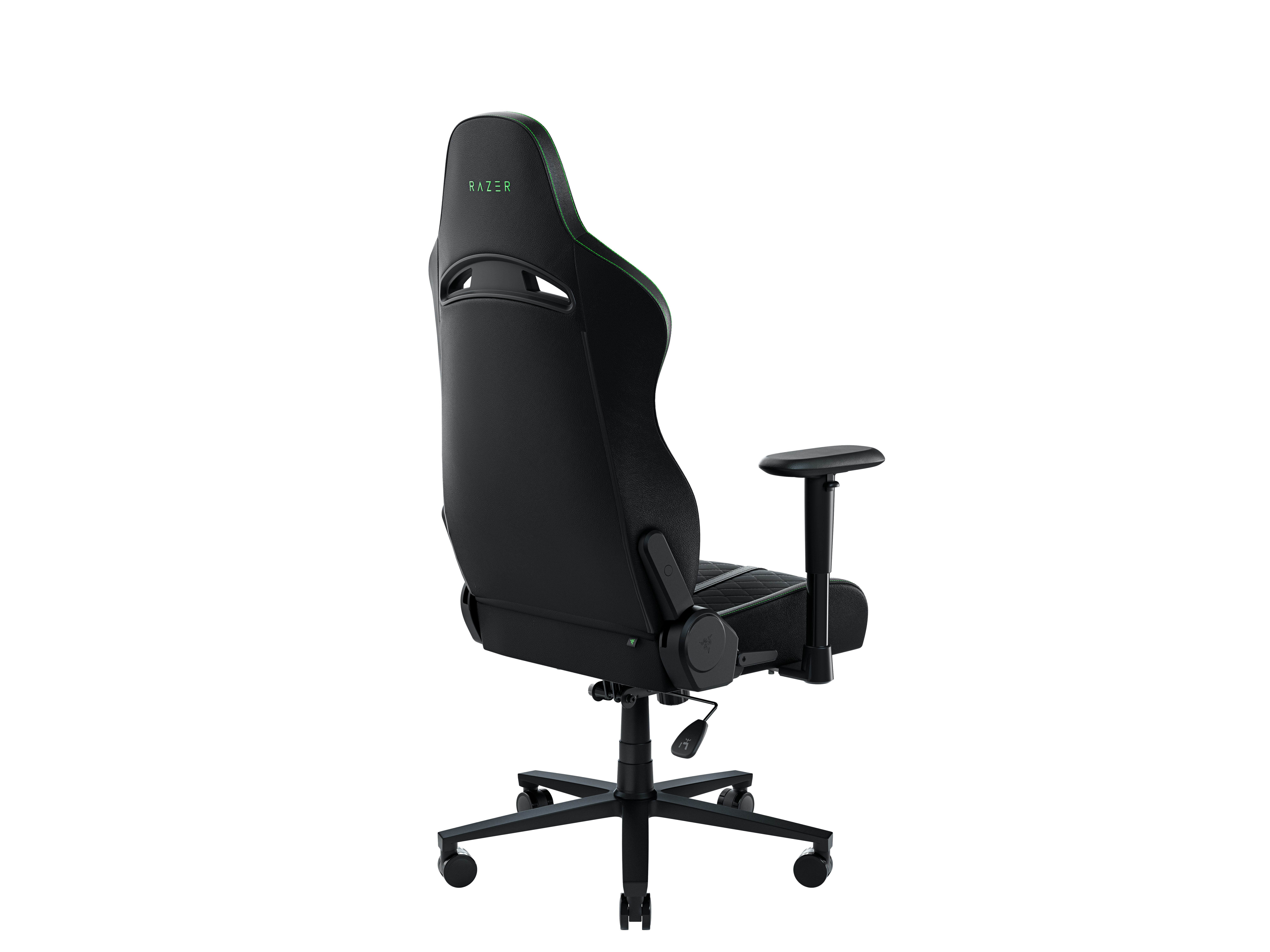 Schwarzer Razer Gaming-Stuhl, von hinten gesehen, mit grünen Akzenten an den Kanten.