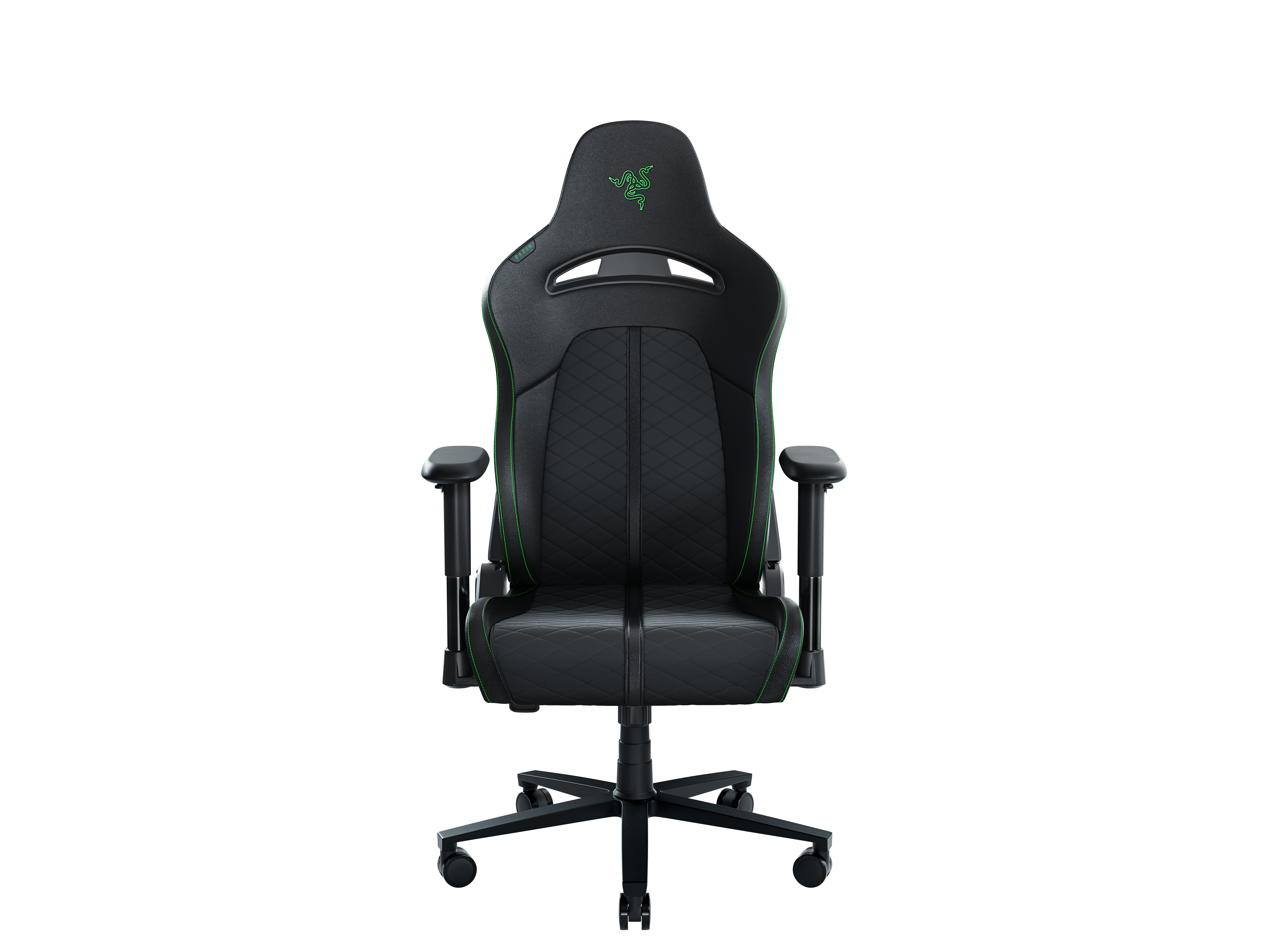 Schwarzer Razer Gaming-Stuhl. Er hat grüne Akzente und einen hohen Rücken.
